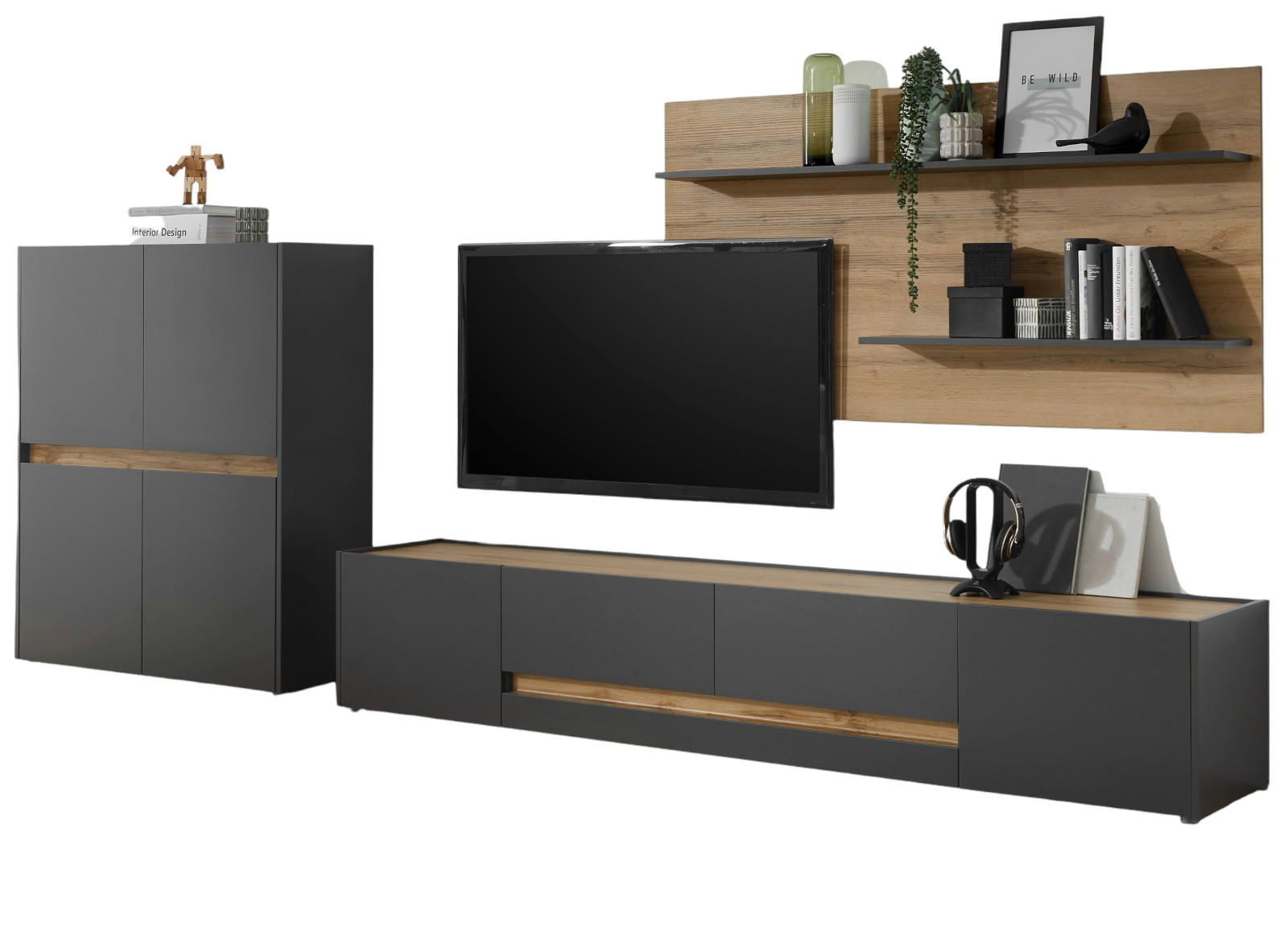 WOHNWAND 3-teilig grau matt, Eiche Wotan 340 cm, Schrankwand mit mit XL-TV-Schrank - Eiche Wotan/Grau, Holz/Holzwerkstoff (360/180/45cm) - Furn.Design