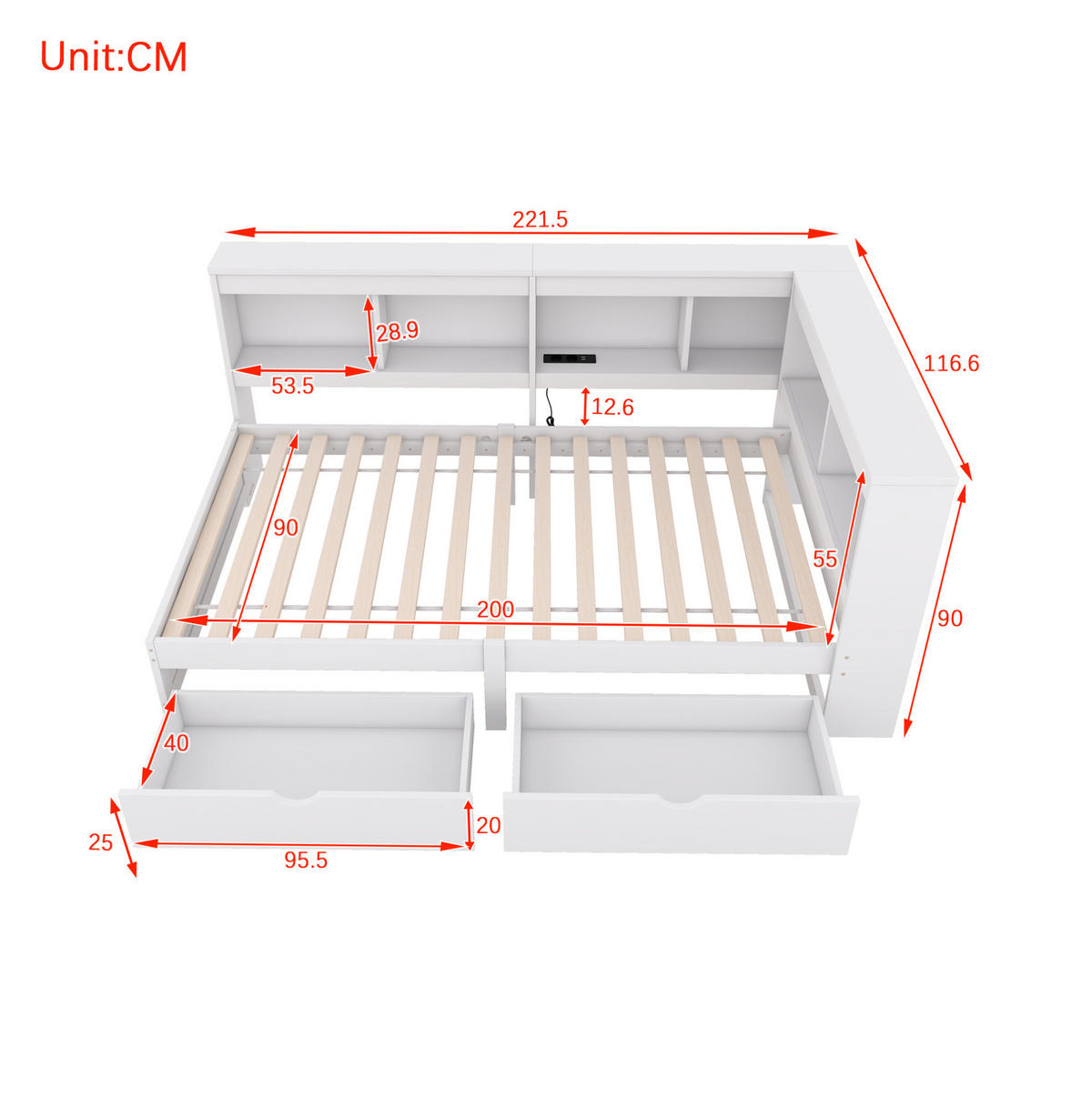 TAGESBETT 90/200 cm mit 2 Schubladen, Steckdose und 2 USB-Anschlüssen, Weiß - Weiß, Holzwerkstoff (90/200cm) - Redom