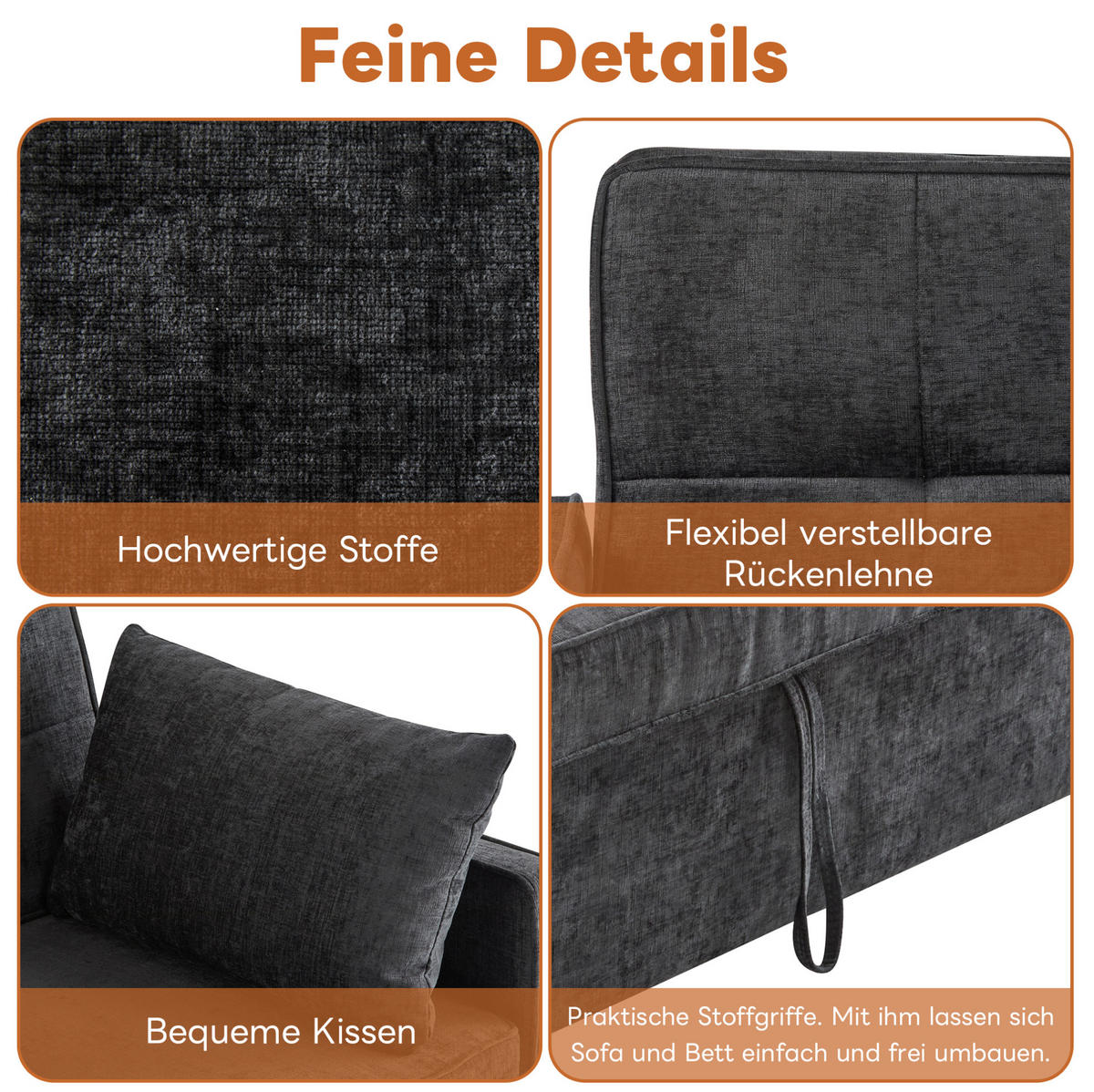 SCHLAFSOFA aus Chenille 174x125 cm Antique Black mit Schlaffunktion, verstellbarer Rückenlehne und 2 Kissen - Schwarz, Kunststoff (142/85/79cm) - Modfu