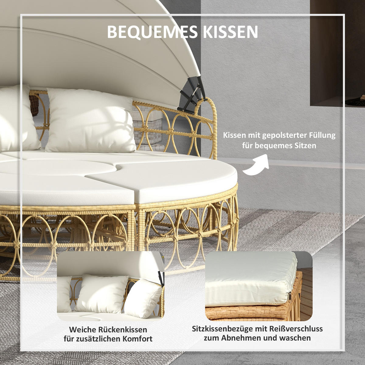 GARTENLOUNGE 178/85/66,5 cm cremeweiß aus Rattan mit Sonnendach - Weiß, Naturmaterialien - OKWISH