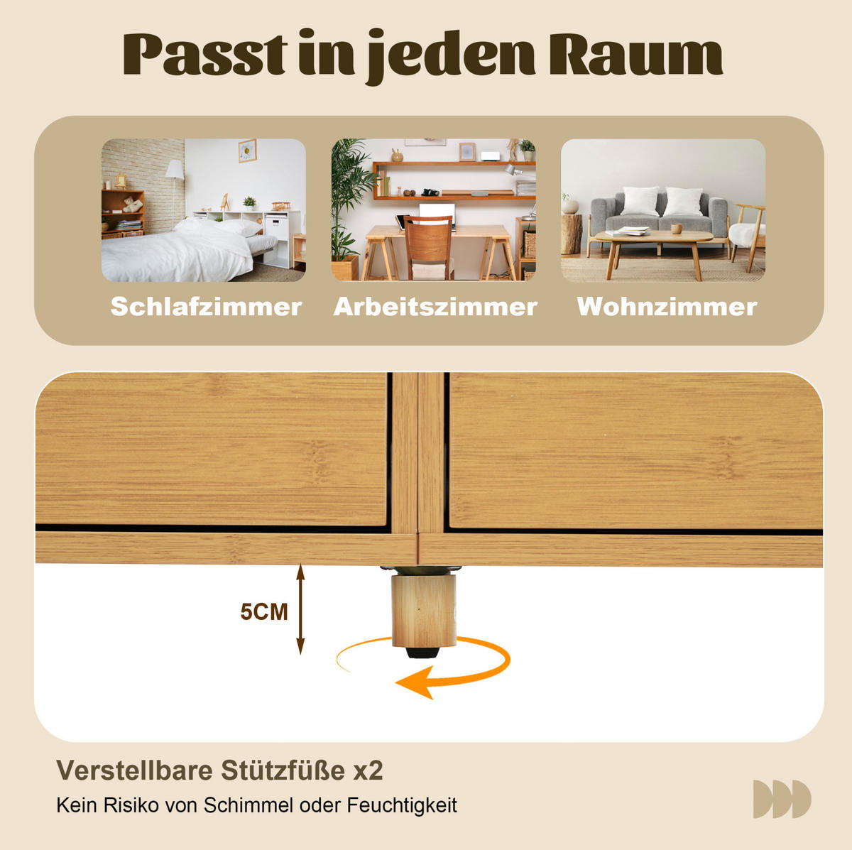 SIDEBOARD aus MDF und Bambus 160x40x75 cm Eiche mit 6 Schubladen, offenen Regalen und höhenverstellbaren Füßen - Naturfarben, Holzwerkstoff (160/75/40cm) - Modfu