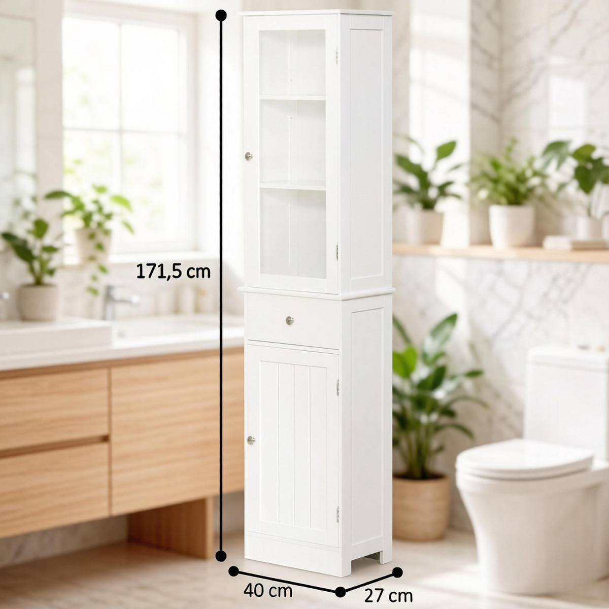 HOCHSCHRANK Weiß mit Türen, Schublade und verstellbaren Einlegeböden 40/27/171,5 cm - Weiß, Holzwerkstoff (40/171.5/27cm) - PANGIVO