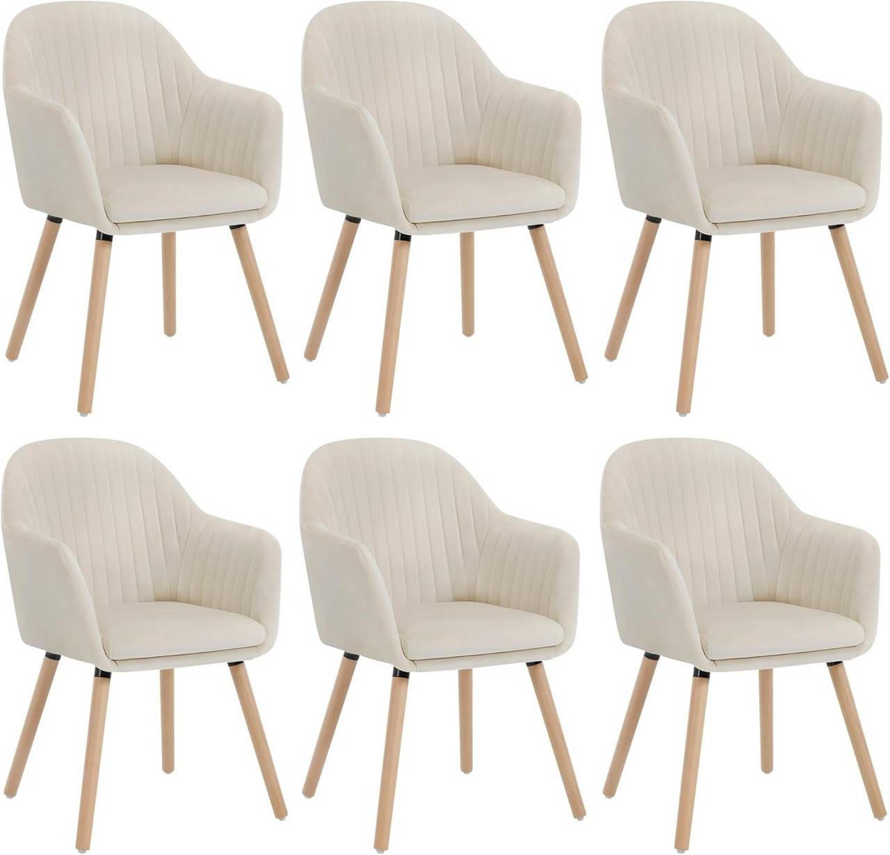 ESSZIMMERSTUHL 6er-Set, Samt, Massivholz, Creme - Creme/Naturfarben, Holz/Textil (42/81/50cm) - Woltu
