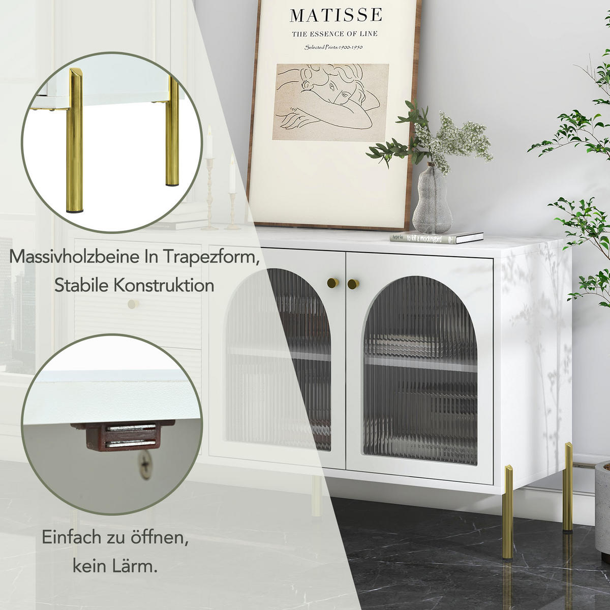 SIDEBOARD mit Vitrine Marmor Glas Weiß - Weiß, Glas (40/73/120cm) - Urban Meuble