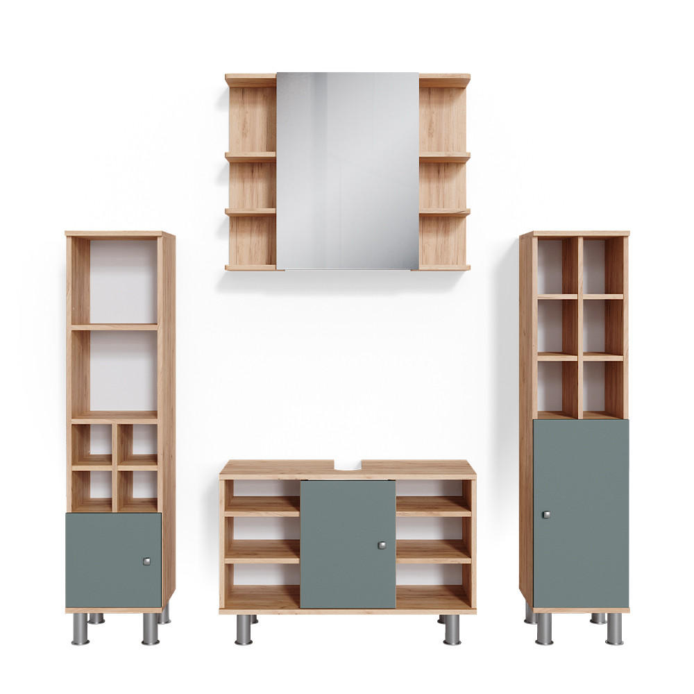 BADMÖBEL-SET Fynn Grün 4 Teile, mit Midischränke - Eiche Wotan/Grün, Holzwerkstoff (60/54/32cm) - Vicco