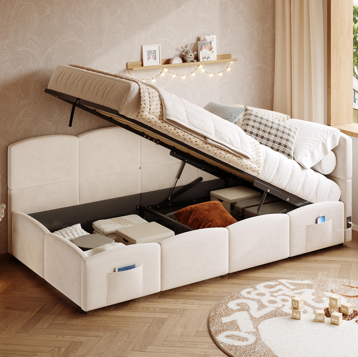 POLSTERBETT 90/200 cm beige aus Samt mit Stauraum, USB und Seitentaschen - Beige, Holzwerkstoff (90/200cm) - OKWISH