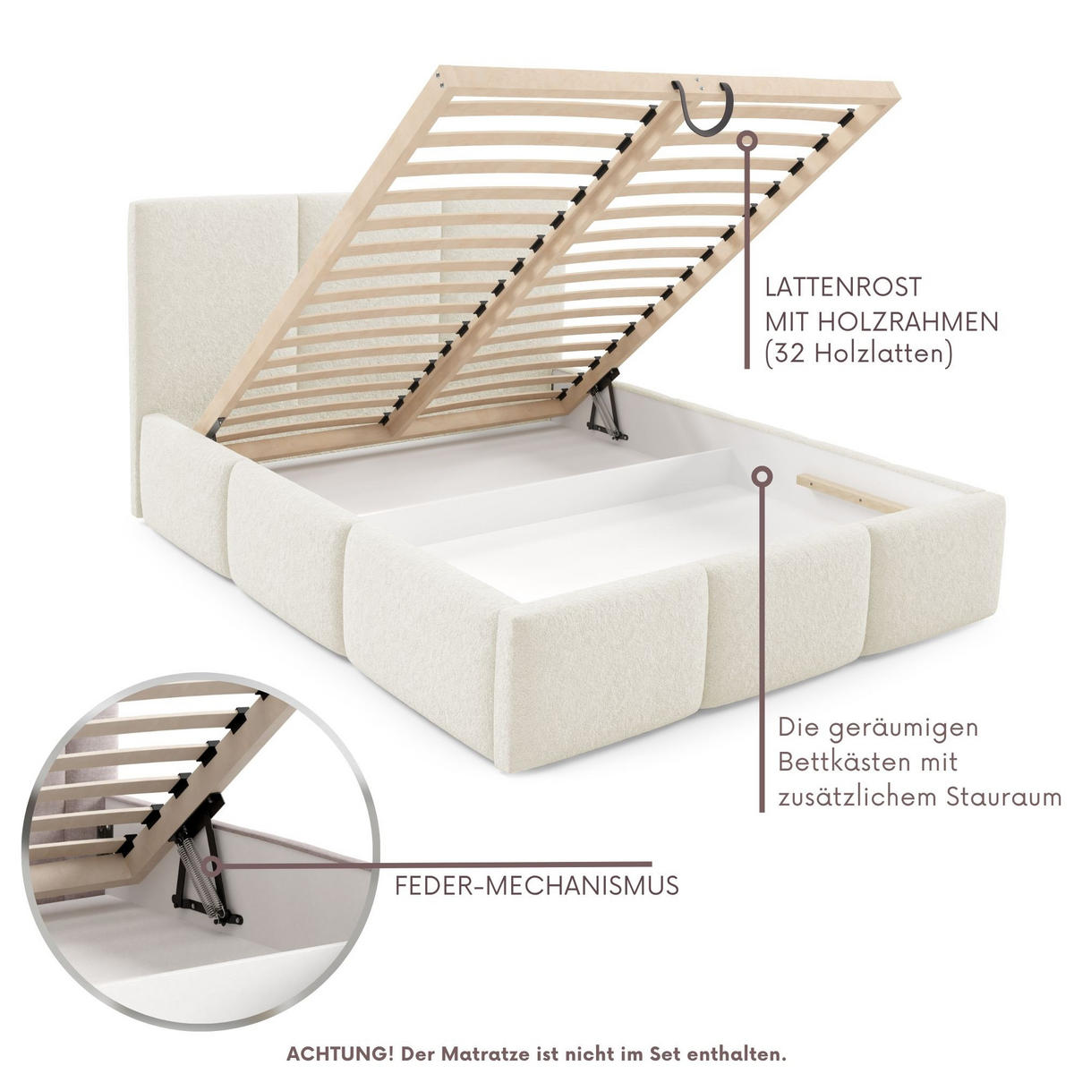 POLSTERBETT VALERIO mit Bettkasten, Bett 180x200,Doppelbett,Lattenrost,Boxspringbett-Optik,ohne Matratze,Schlafzimmer-Creme - Creme, Holz (180/200cm) - Furnistar