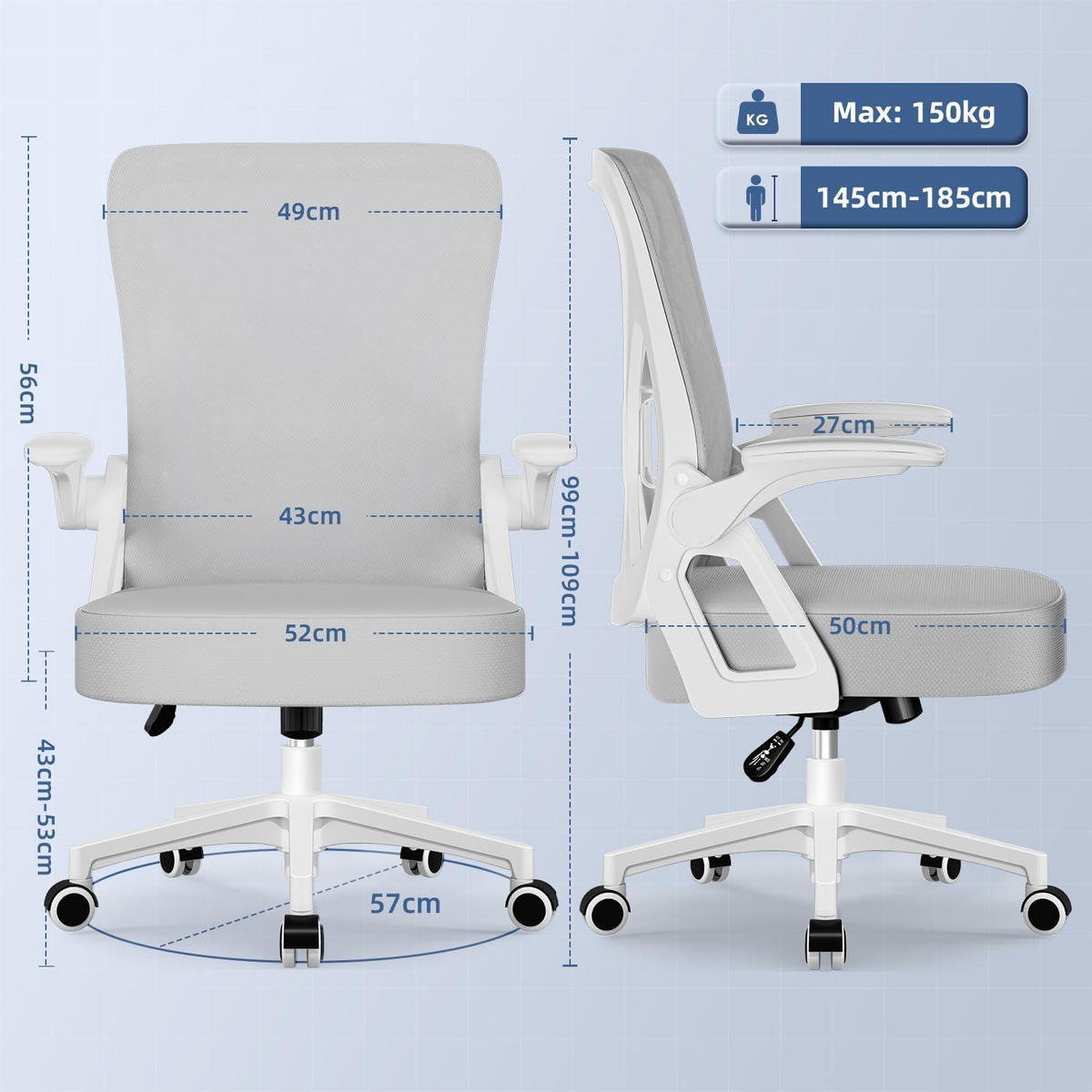 BÜROSTUHL Ergonomisch Grau mit Hochklappbaren Armlehnen - Grau, Textil (57/99/57cm)
