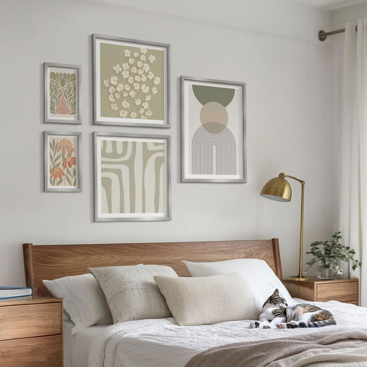 BILDER SET 5er Set - 50x50 cm & 20x30 cm & 40x60 cm Silberner Rahmen - Floraler minimalistischer Boho-Stil - Silberfarben, Kunststoff (40/60cm) - TULUP