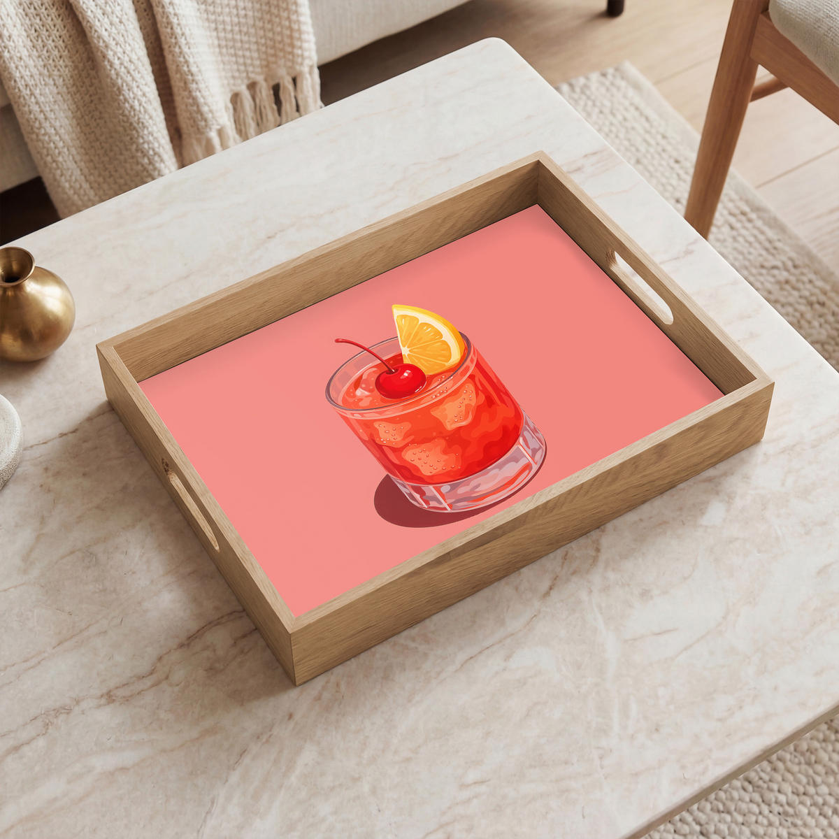 SERVÍROVACÍ PODNOS Sklenice - Kostky ledu - Citron - Třešeň 40x30 cm - růžová, dřevo (40/5/5cm) - OnlyWow
