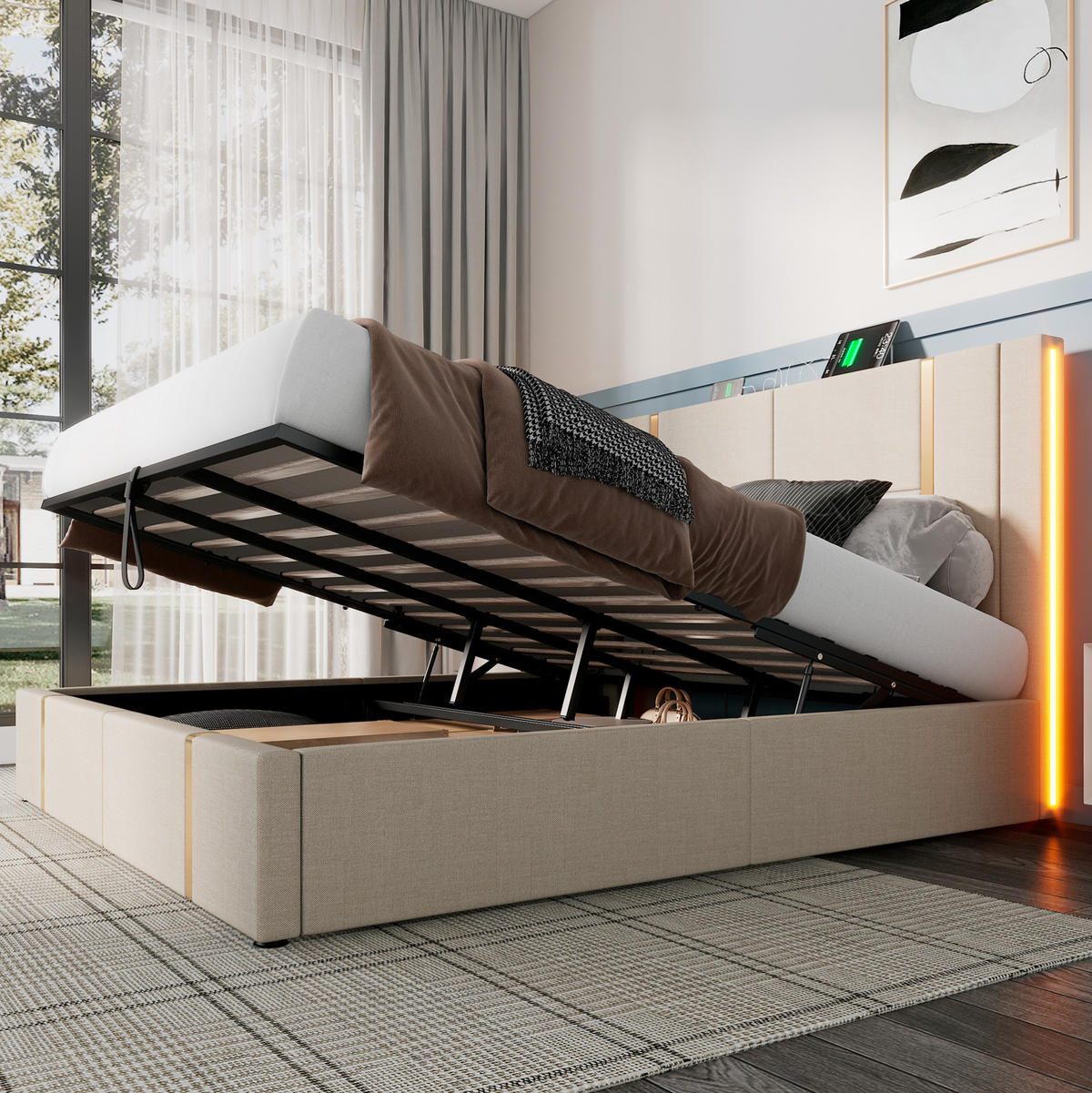 POLSTERBETT mit Stauraum LED USB/Type-C 180x200 cm Beige - Beige, Metall (180/200cm) - Meubliv