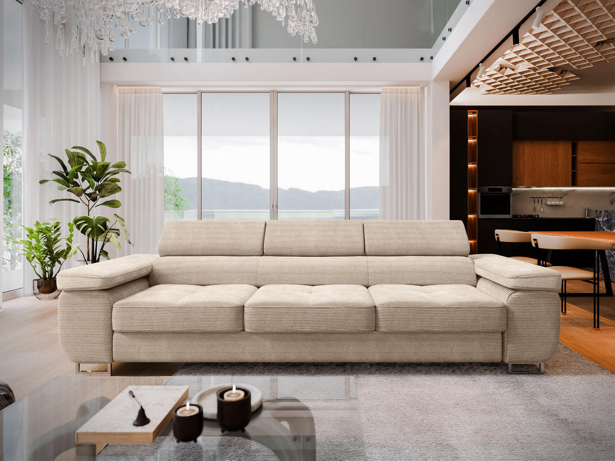 BETTSOFA MOSINE Creme Kordstoff mit Schlaffunktion - Creme, Textil (281/87/98cm) - MASSENO