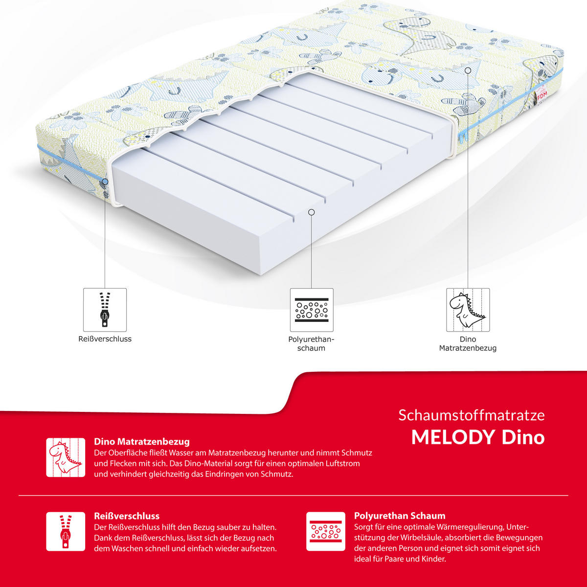 KINDERMATRATZE Melody Dino - Hellgelb, Textil (60/120cm) - FDM