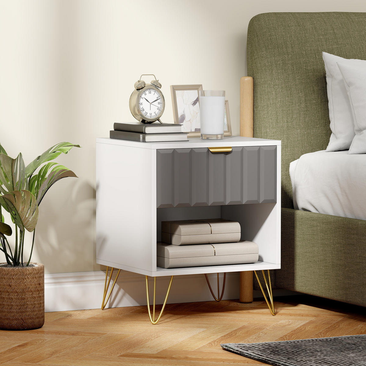 NACHTSCHRANK DE-12912 Schublade und offenes Fach, Stahlfüße Weiß - Weiß, Holzwerkstoff (40/55/45cm) - ComfortXL