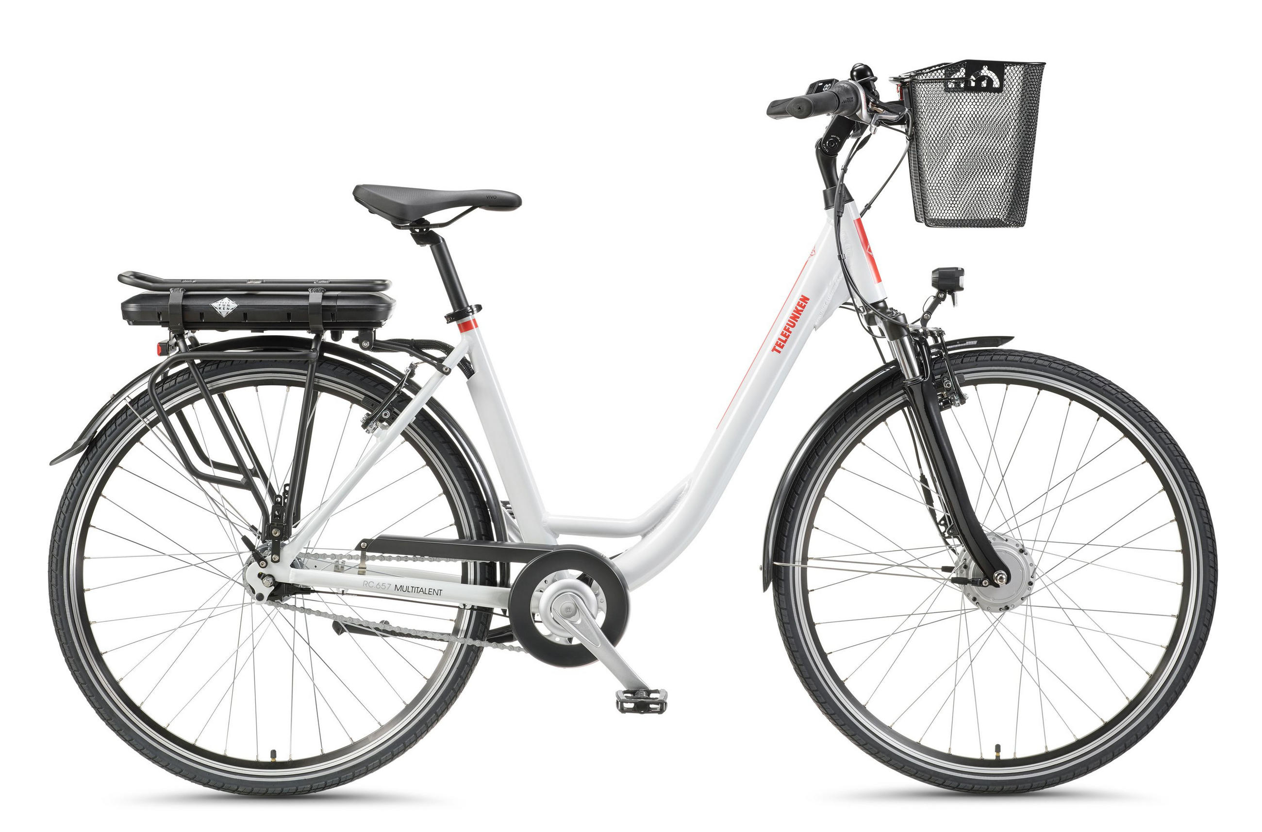 E-BIKE Cityrad Multitalent RC657 28 Zoll Elektrofahrrad 536,5 Wh Frontmotor 7-Gang-Kettenschaltung - Weiß, Metall (110cm) - Telefunken