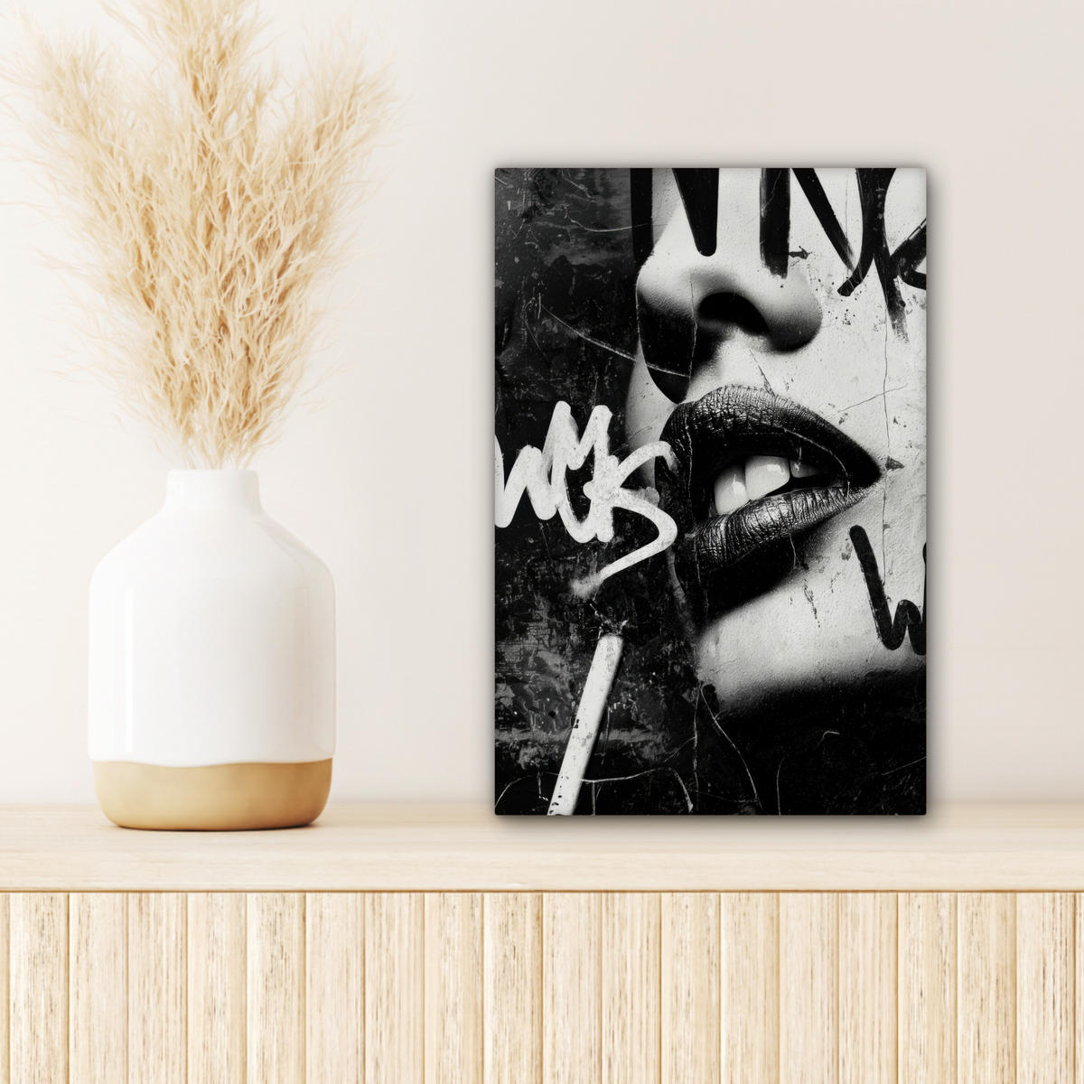 LEINWANDBILD Gesicht - Mund - Graffiti - Schwarz Deko Wohnzimmer 20x30 cm - Schwarz, Textil (20/30cm) - MuchoWow