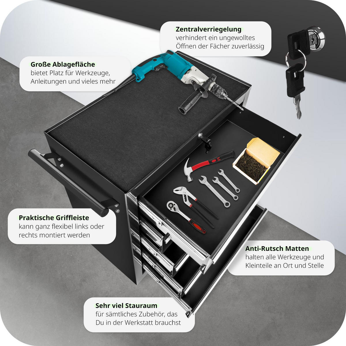 WERKZEUGWAGEN ,Rollen Ø 100 mm,schwarz - Schwarz, Metall (33/79/69cm) - tectake