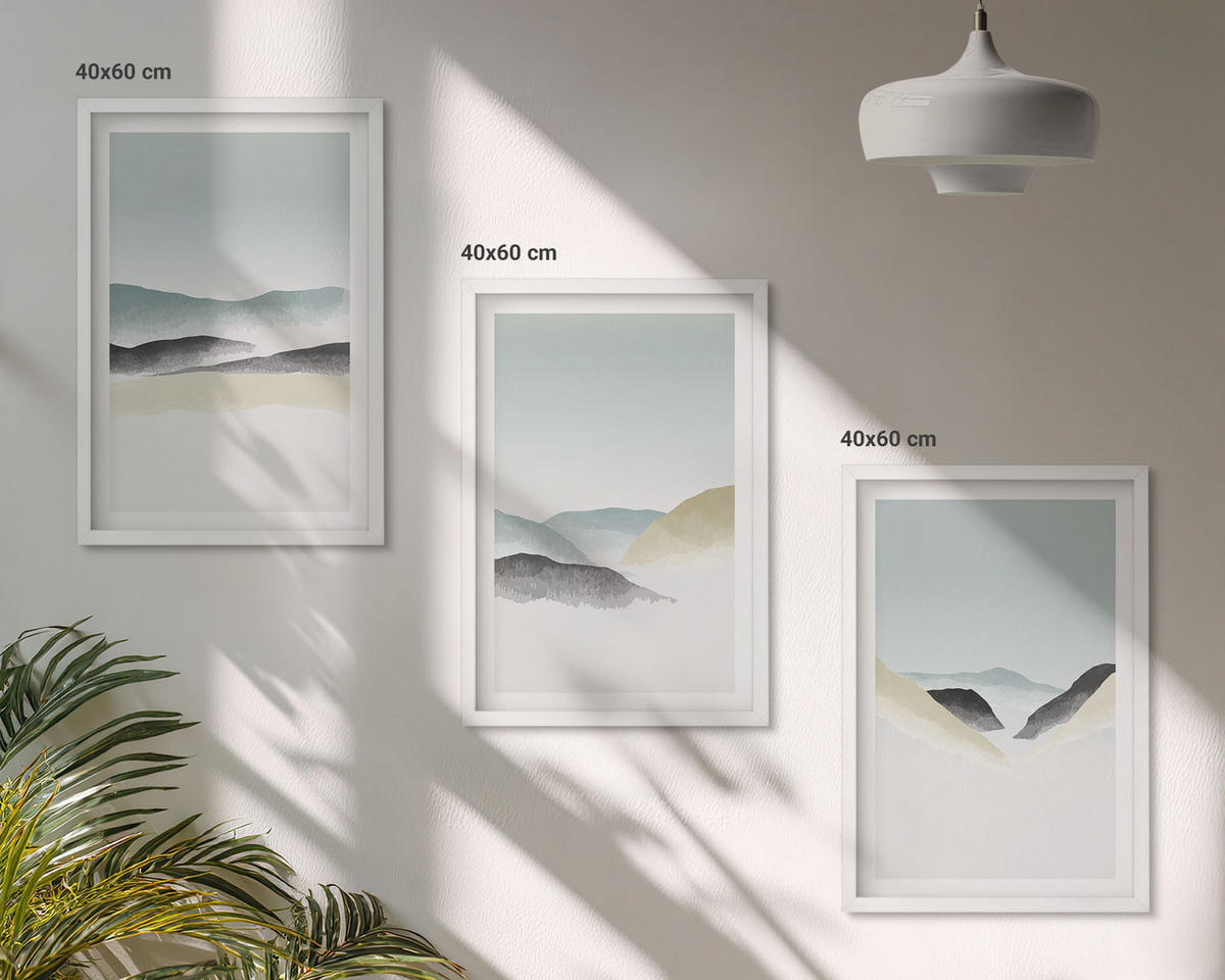 BILDER SET 3er Set - 40x60 cm Weißer Rahmen - Minimalistische Pastellberge - Weiß, Kunststoff (40/60cm) - TULUP