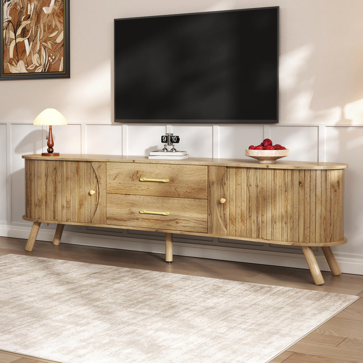 TV-LOWBOARD organisch Rillenoptik 2 Türen 2 Schubladen - Naturfarben, Holz (160/55/36.5cm) - Fortuna Lai