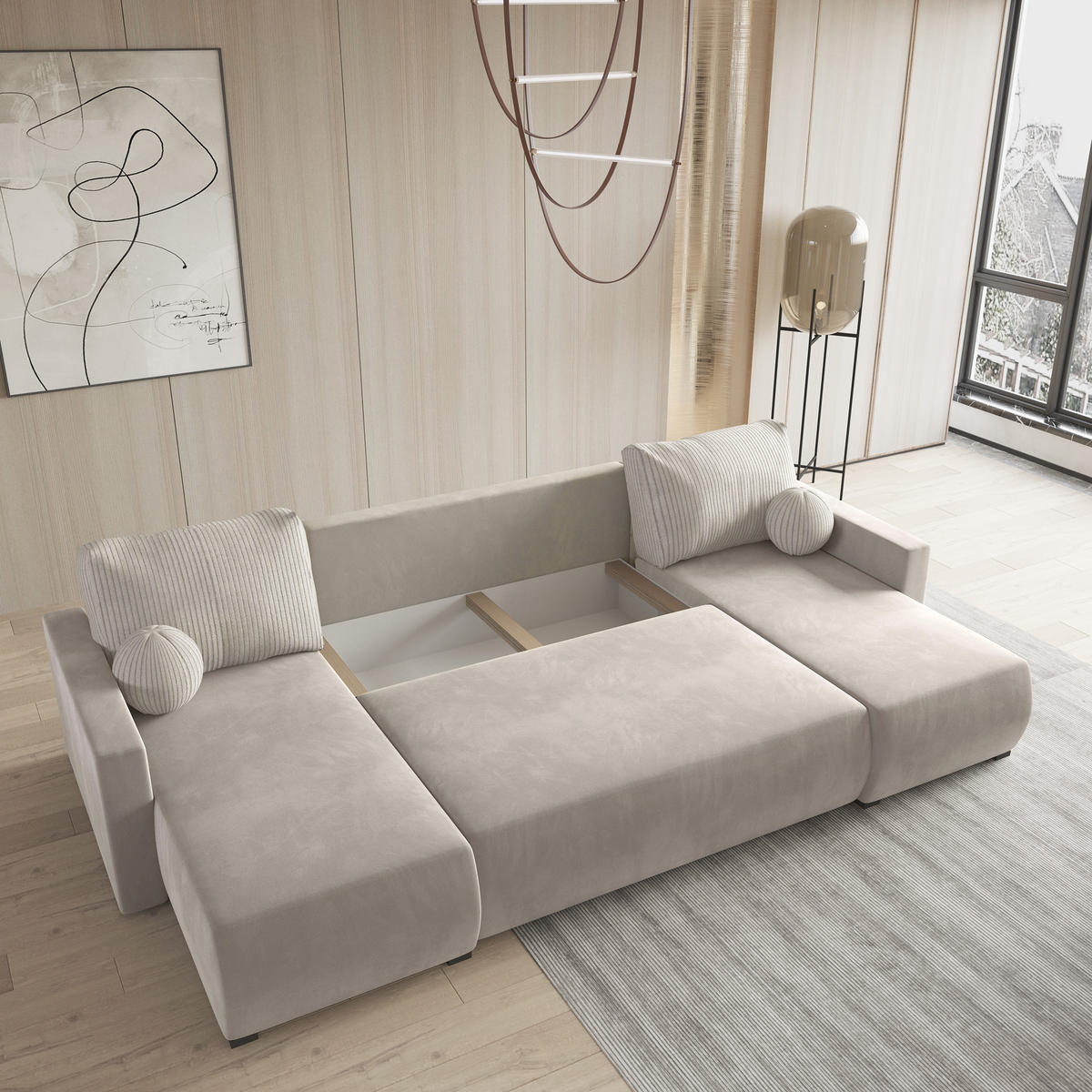 WOHNLANDSCHAFT TESSUN Creme Plüsch-Stoff mit Schlaffunktion - Creme, Holz (286/85/143cm) - MASSENO