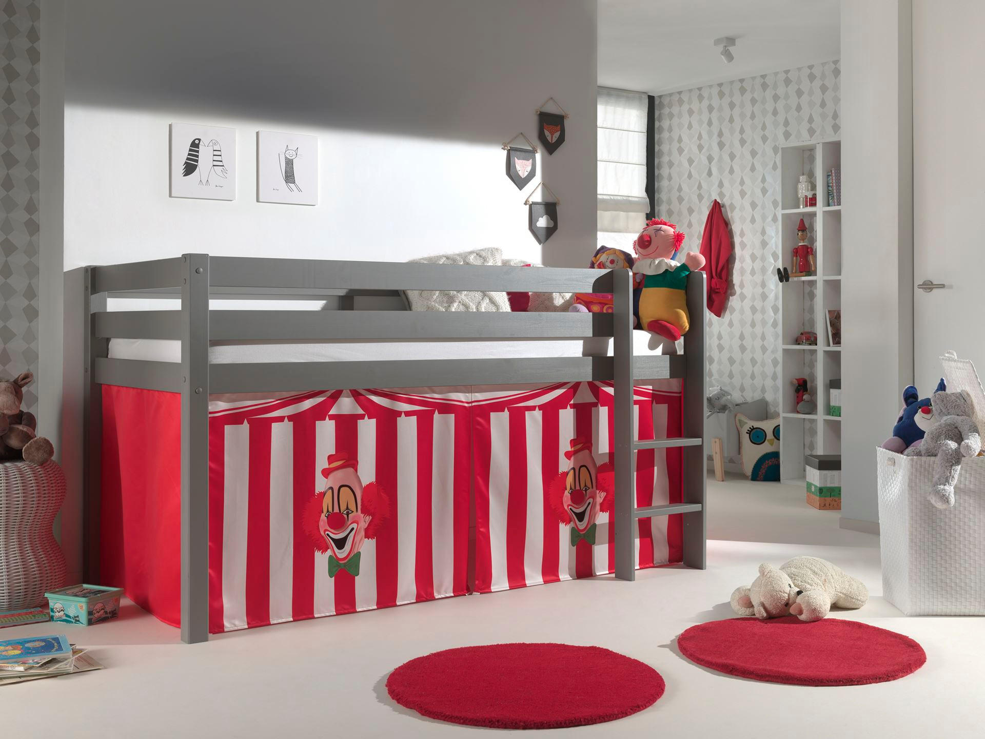 KINDERBETT Karolina 210x114x106 Massivholz Grau Textilset Zirkus - Rot/Grau, Holz (90/200cm) - 58aufmkessel