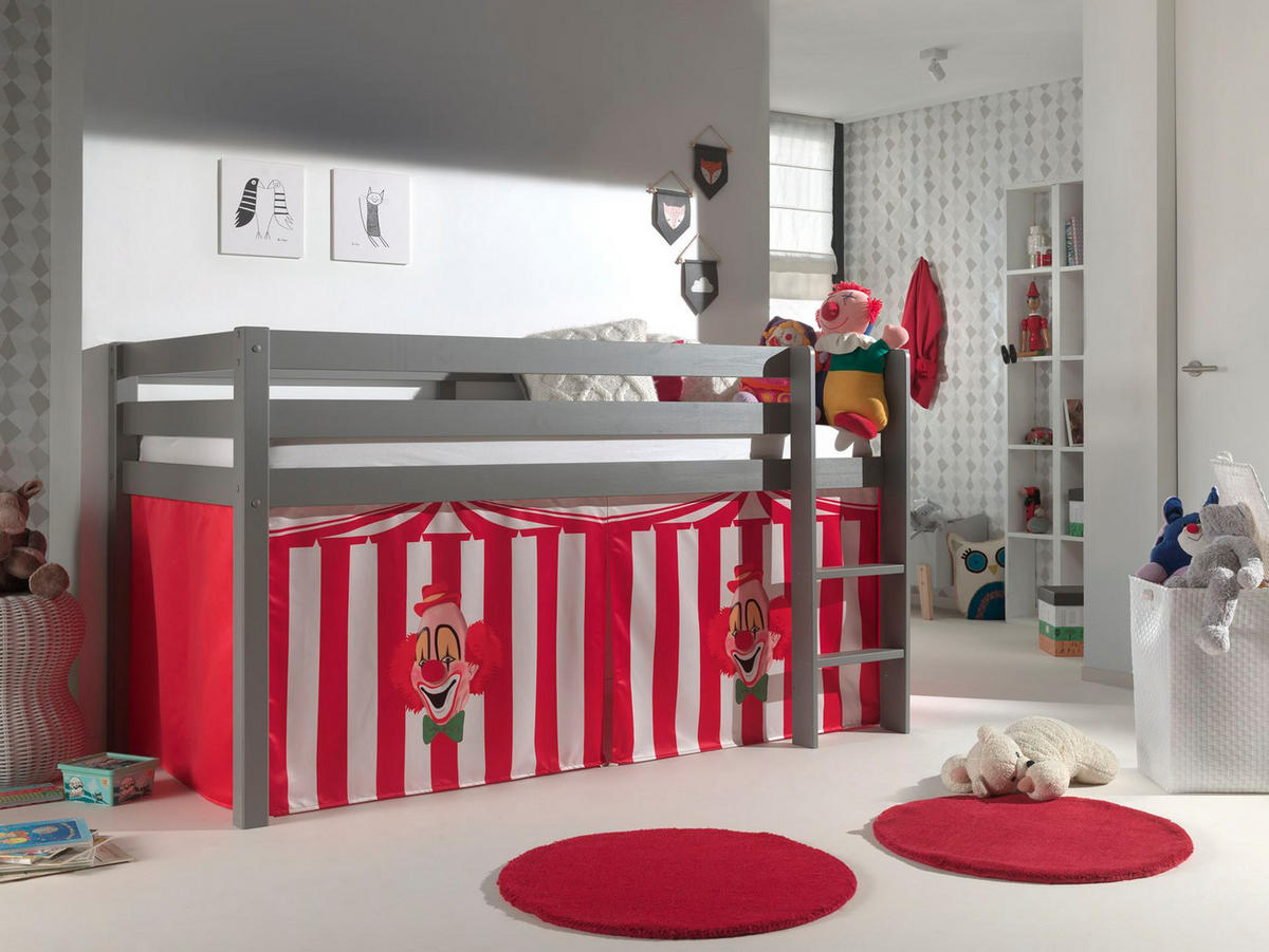 KINDERBETT Karolina 210x114x106 Massivholz Grau Textilset Zirkus - Rot/Grau, Holz (90/200cm) - 58aufmkessel