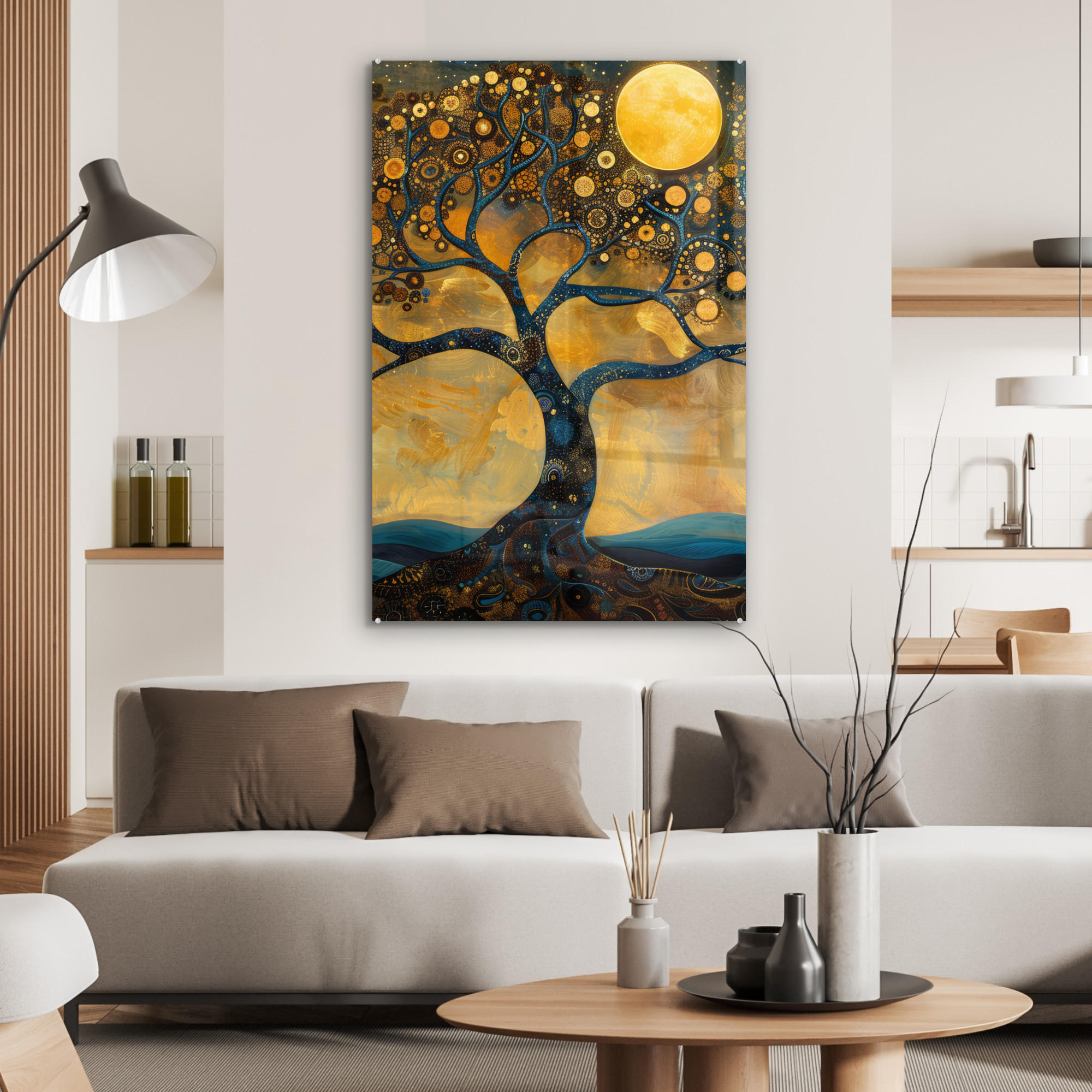 ACRYLGLASBILD Baum - Mond - Blumen - Gold - Kunst 60x90 cm - Orange, Glas (60/90cm) - MuchoWow