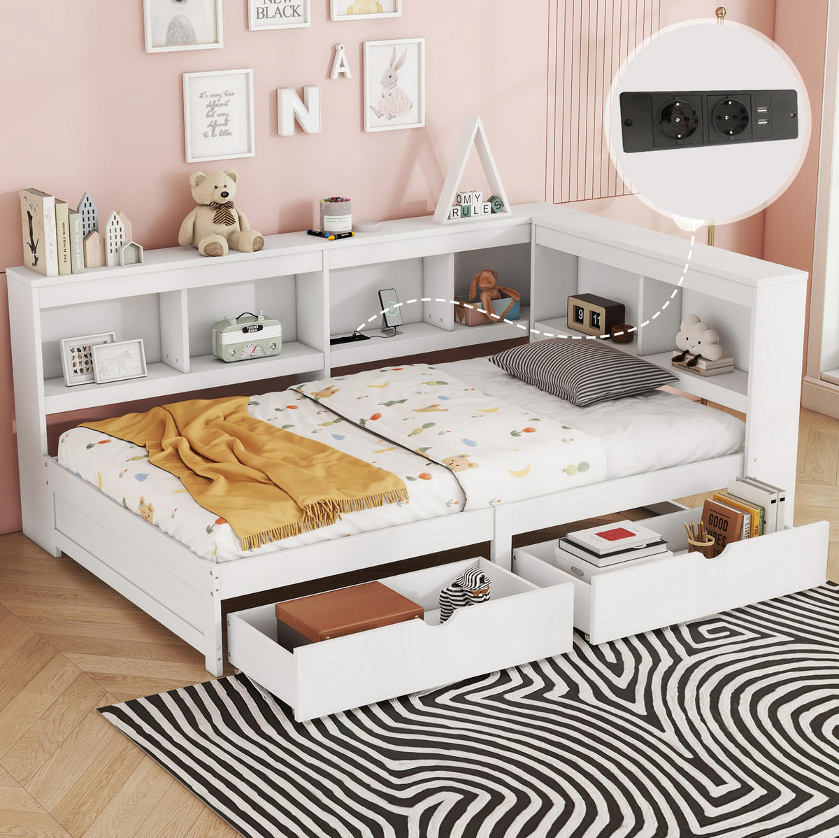 TAGESBETT 90/200 cm mit 2 Schubladen, Steckdose und 2 USB-Anschlüssen, Weiß - Weiß, Holzwerkstoff (90/200cm) - Redom