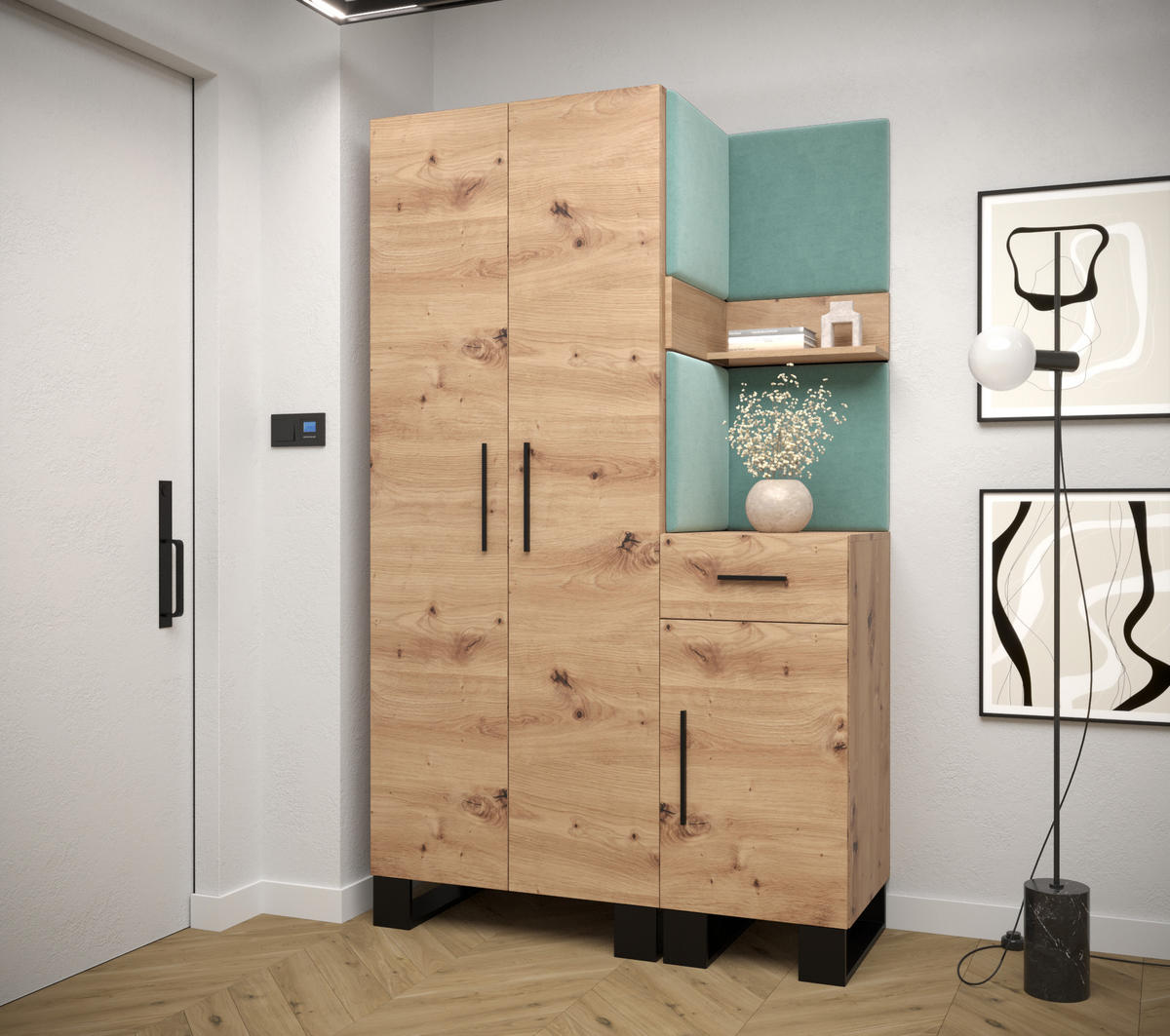 GARDEROBEN-SET 196/116/45,6 - Schwarz/Eiche Artisan, Holz/Kunststoff (116/196/45.6cm) - Abiks Möbel