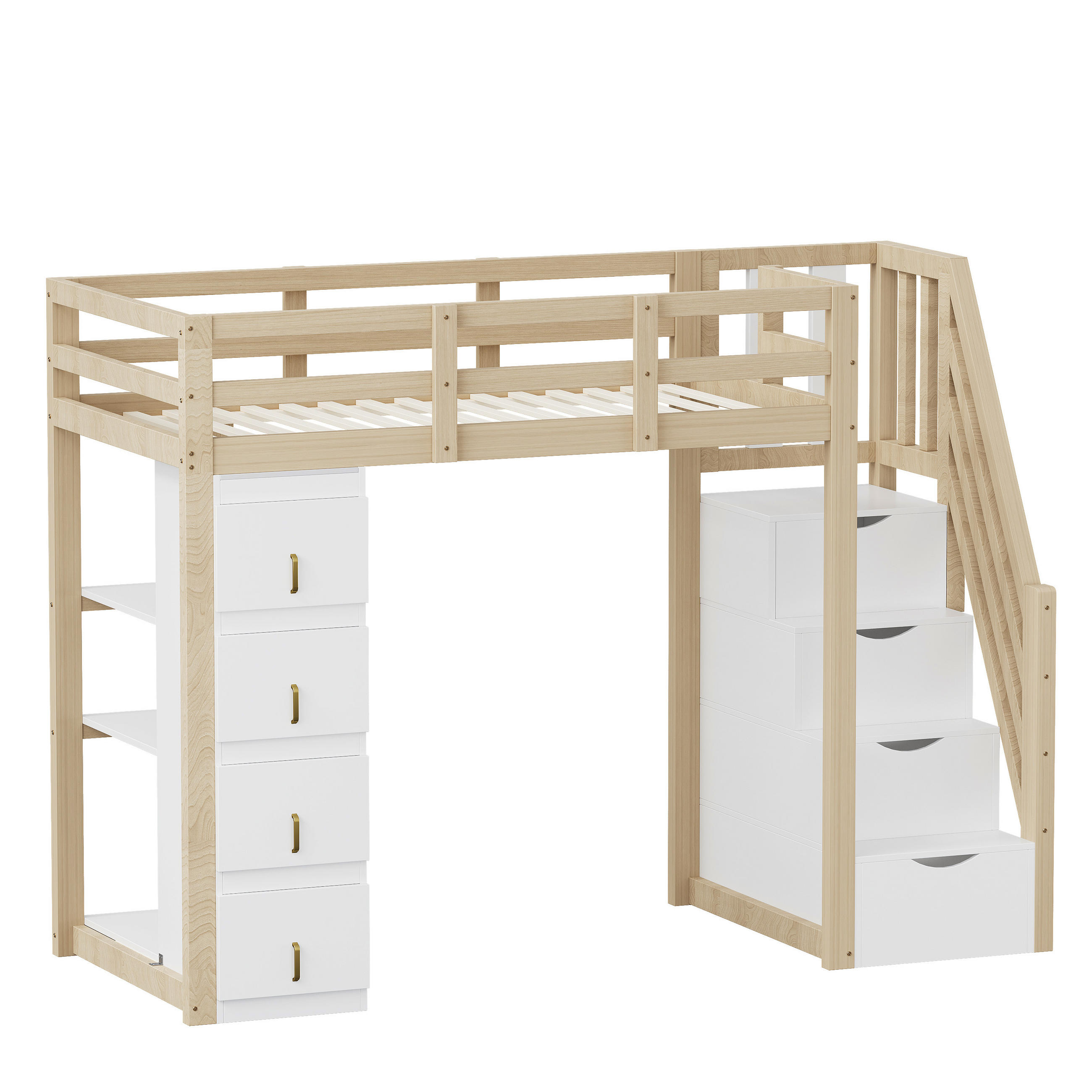 HOCHBETT 90/200 cm DE-01328, in Holzfarbe, mit 4 Schubladen, Regalen und Stauraumleiter - Naturfarben, Holz (90/200cm) - ComfortXL