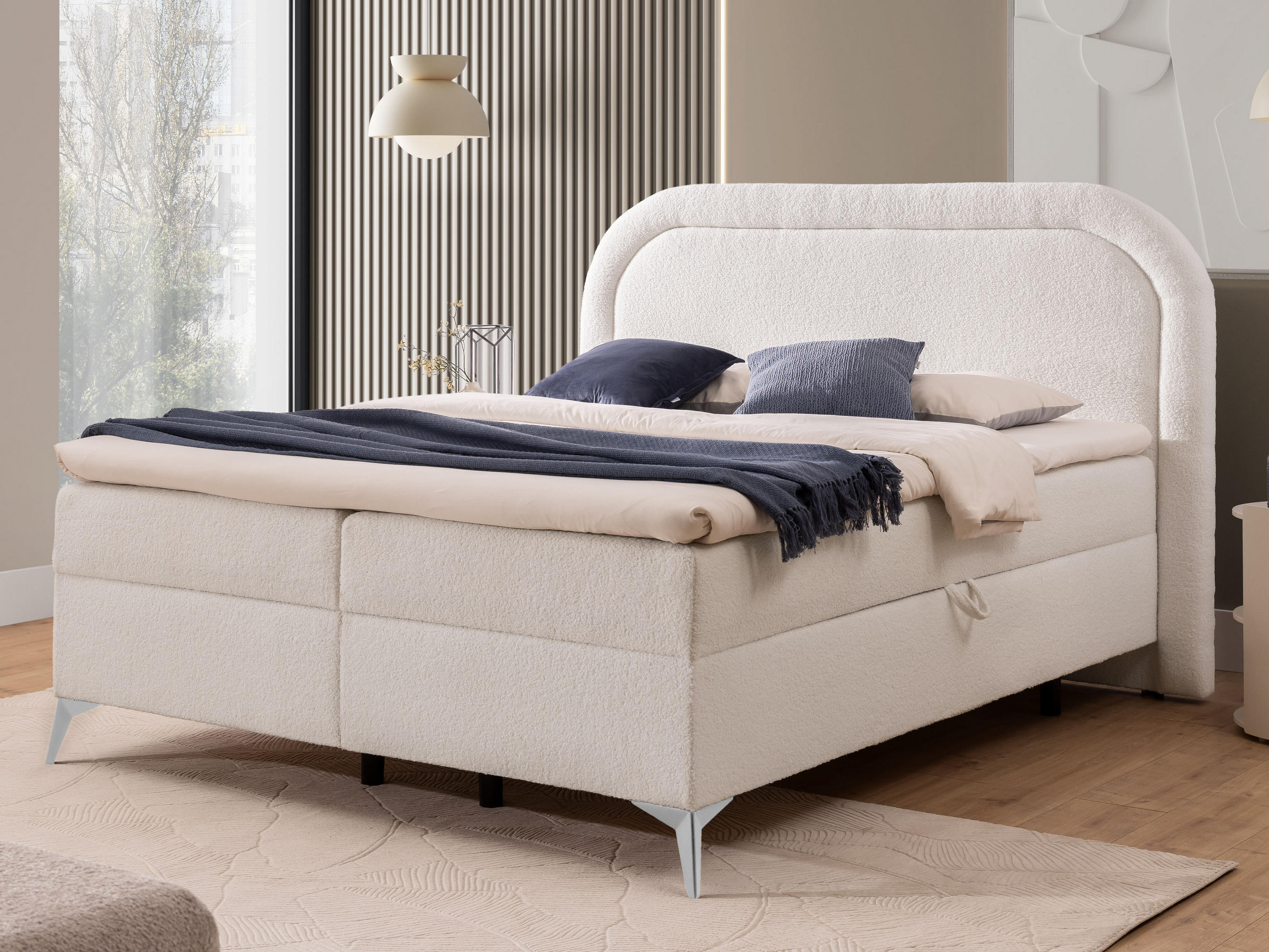 BOXBETT Sonna 180/200 cm Weiß Bouclé-Stoff mit abgerundetem Kopfteil und mit silbernen Metallfüßen - Silberfarben/Weiß, Holz/Textil (180/200cm) - S-Style Möbel