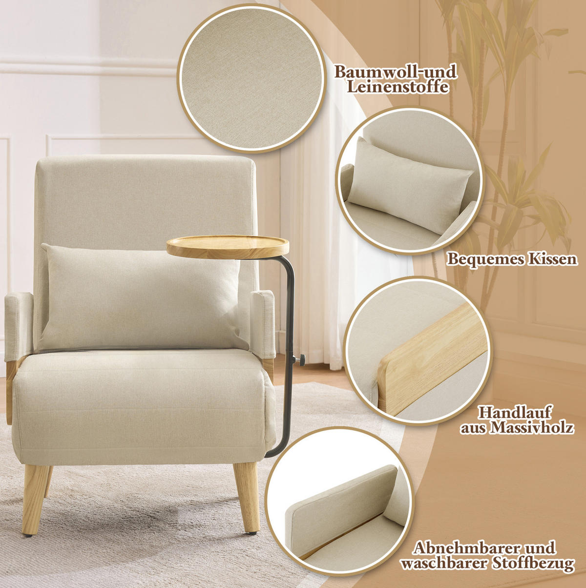 SESSEL 88/74.5/66 cm Beige aus Leinenstoff mit Schlaffunktion - Beige, Textil (88/74.5/66cm) - OKMYHOME