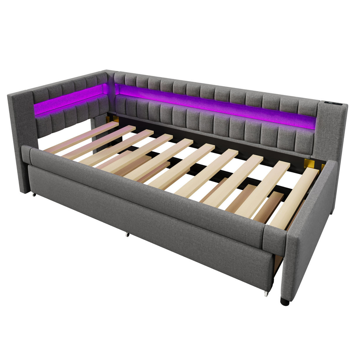 POLSTERBETT 90/200 cm Grau mit LED-Beleuchtung und USB- und Type-C-Anschlüssen aus Leinen - Grau, Textil (90/200cm) - OKWISH