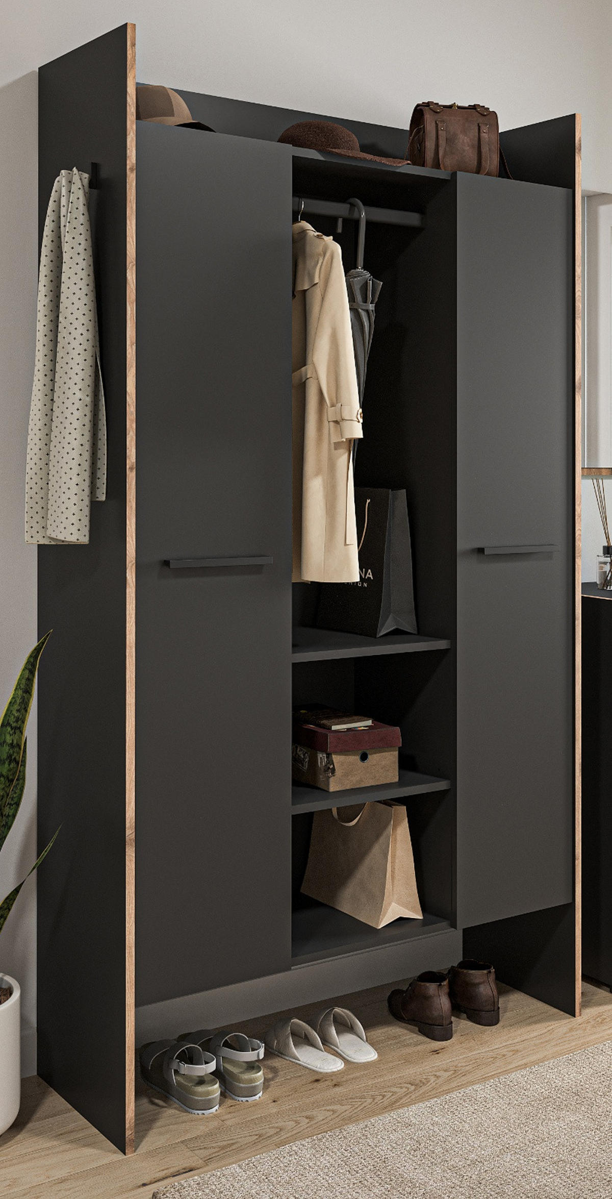 GARDEROBE grau und Nox Eiche, Kompaktgarderobe 105 x 189 cm, Salud - Dunkelgrau/Schwarz, Holzwerkstoff/Kunststoff (105/189/37cm) - Inn.Furn