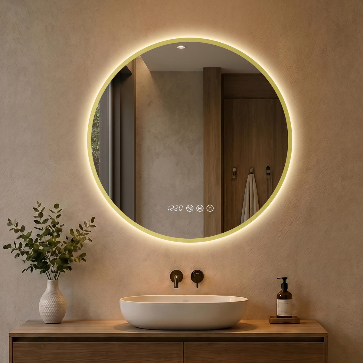 BADSPIEGEL mit Beleuchtung 60 cm rund gold mit Aluminiumrahmen, LED dimmbar und Antibeschlag - Goldfarben, Glas (60/60/3.3cm) - S'AFIELINA
