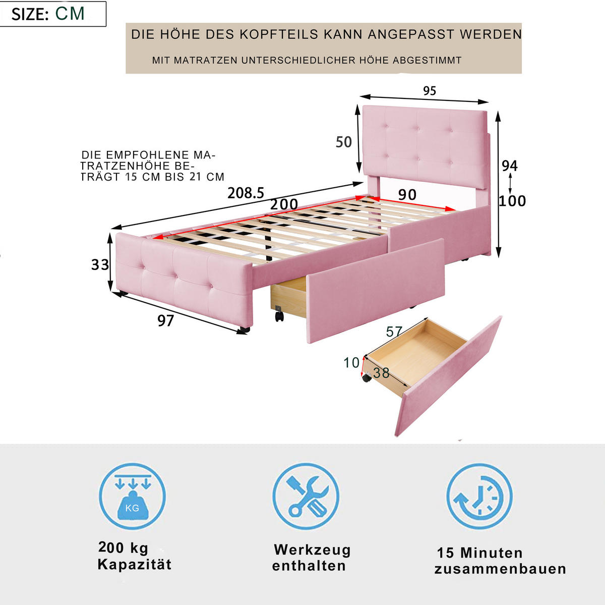 KINDERBETT Polsterbett 90/200 cm aus Samt mit Lattenrost und Schublade Rosa - Pink, Textil (90/200cm) - Modenvie