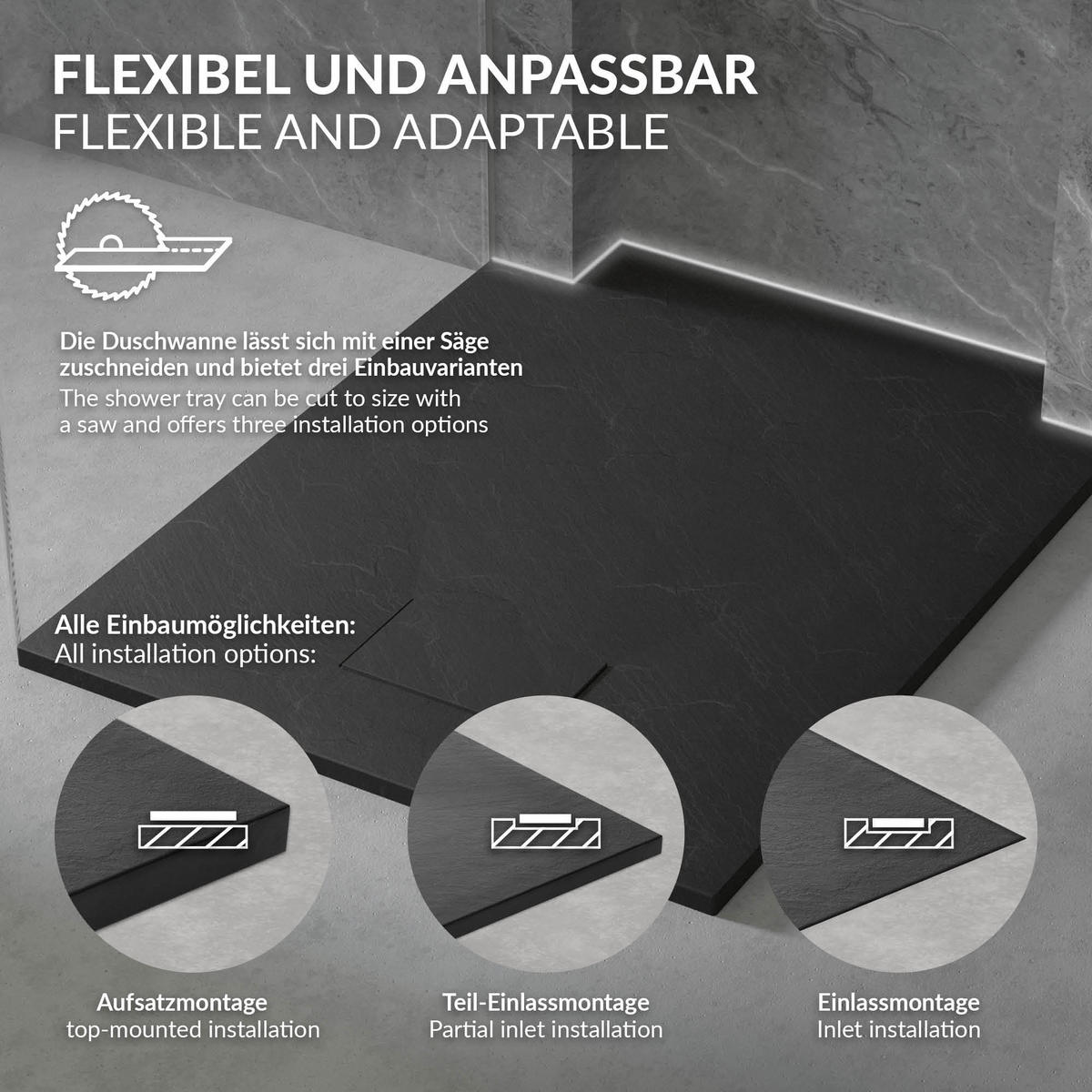 DUSCHWANNE 90x70 cm Schwarz mit Ablaufgarnitur aus SMC - Schwarz, Kunststoff (70/3/90cm) - LuxeBath