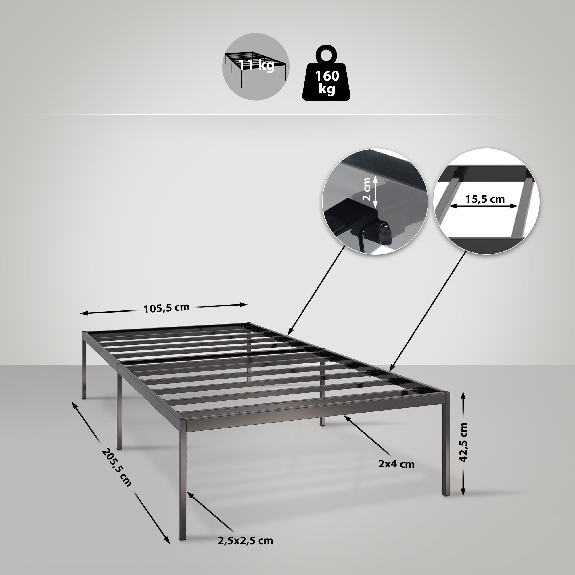 METALLBETT 105.5/205.5/42.5 cm Metall Schwarz - Schwarz, Metall (105.5/205.5cm) - CLP