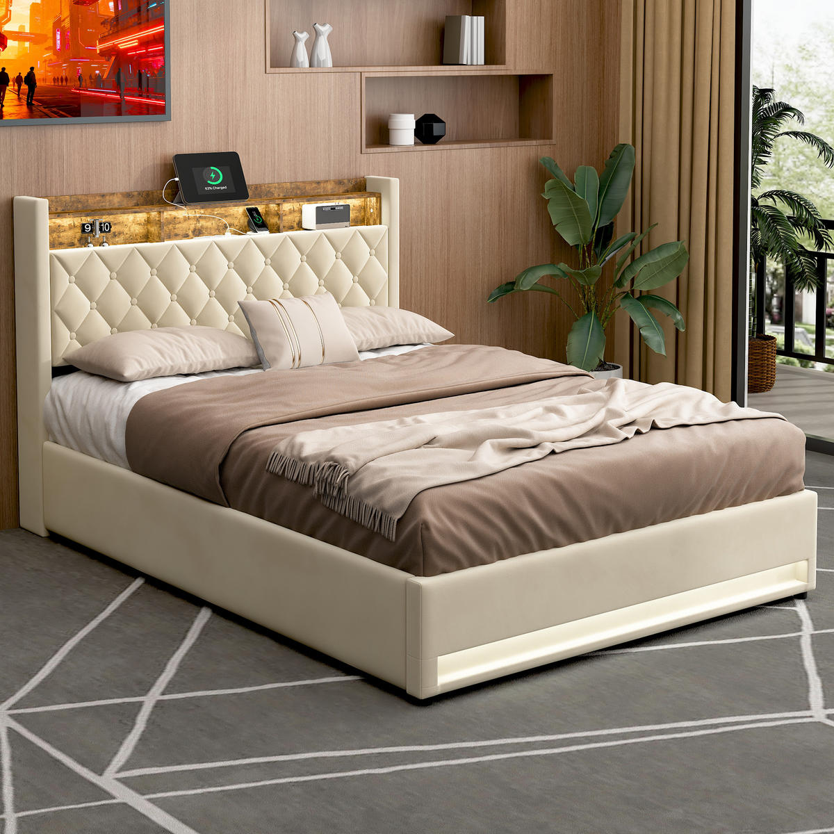 POLSTERBETT 180/200 cm mit Bettkasten und Steckdose Boxspringbett mit USB und LED-Licht Stauraumbett ohne Matratze - Beige, Holzwerkstoff/Textil (180/200cm) - STILVORA