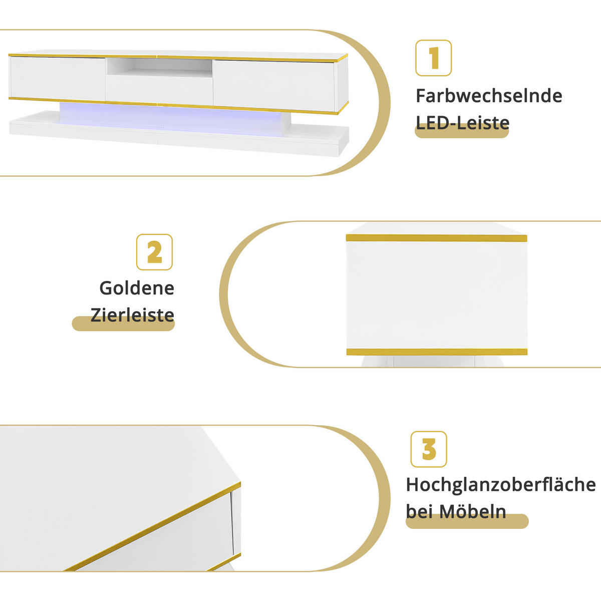 TV-SCHRANK Lowboard 180x38x45 cm LED Hochglanz - Goldfarben, Holzwerkstoff (180/45/38cm) - Fortuna Lai