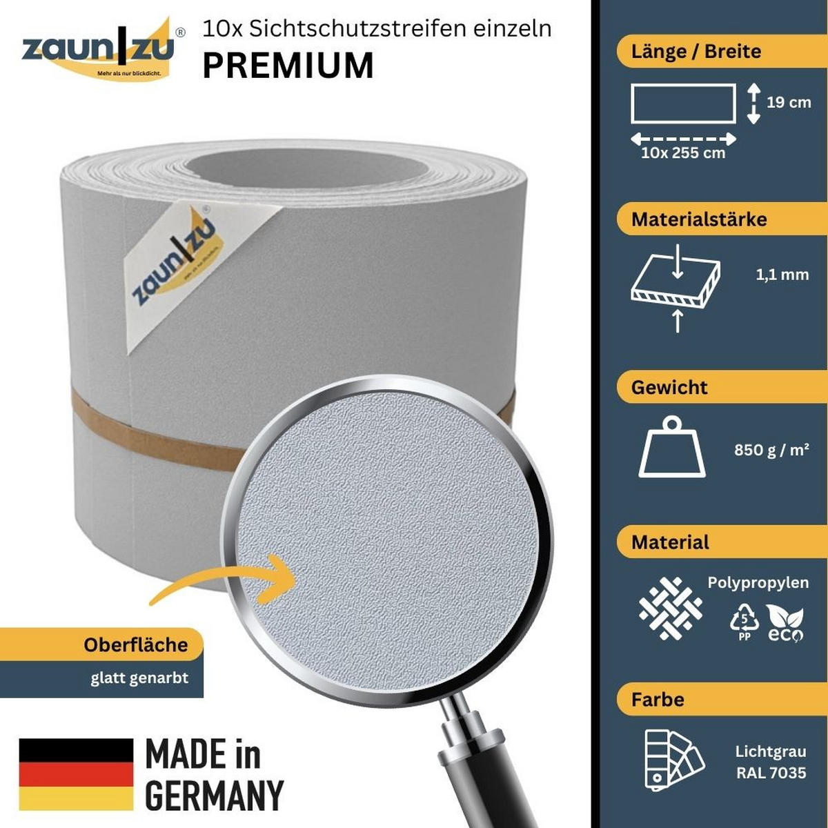 SICHTSCHUTZSTREIFEN PP Sichtschutzstreifen Doppelstabzaun Lichtgrau,10x 2,55m - Hellgrau, Kunststoff (2550/19cm) - ZAUN|ZU