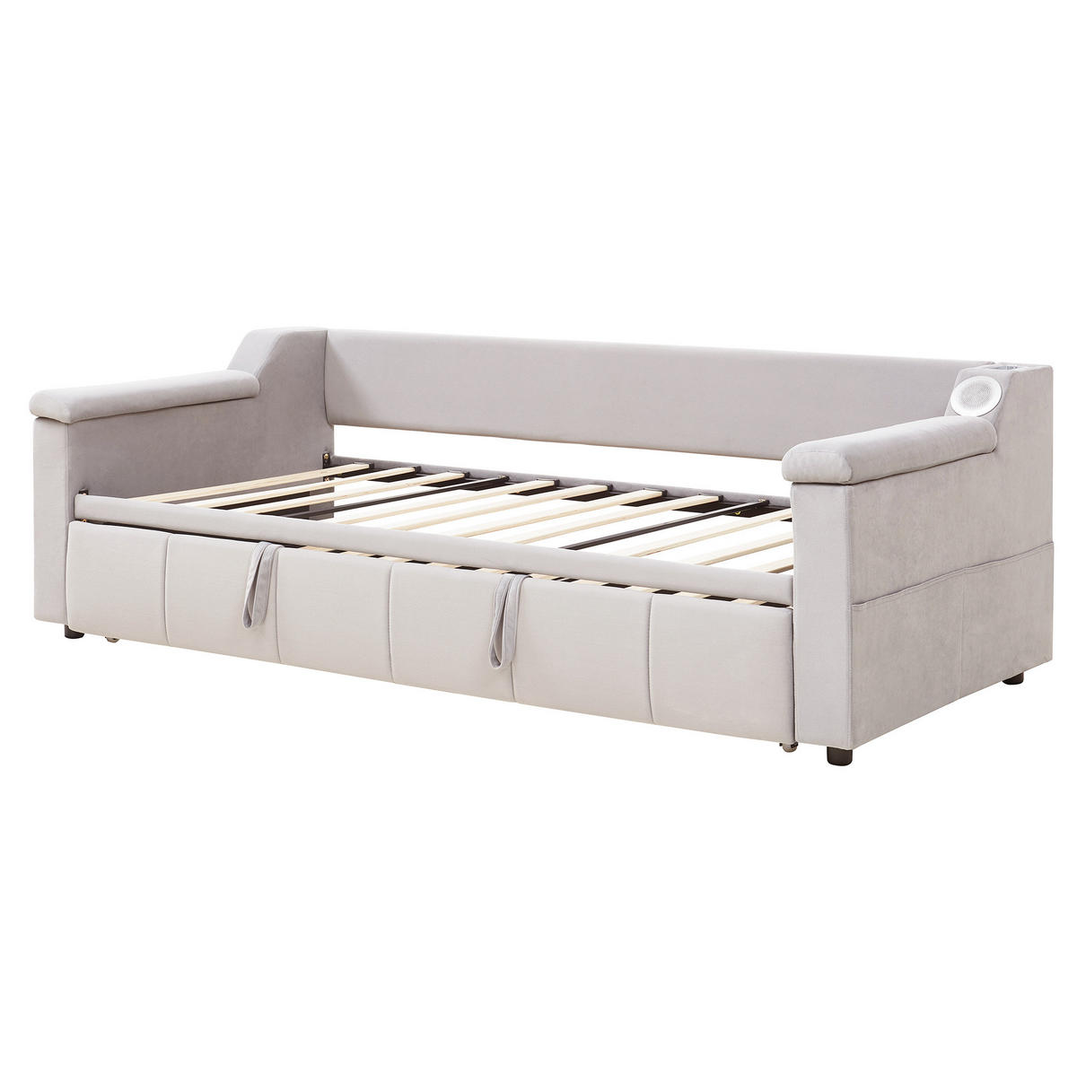 ČALÚNENÁ posteľ 90/180x190 cm s hydraulickým vysúvaním, Bluetooth stereo, USB a úložnými priehradkami, Béžová - béžová, textil (90/190cm) - Redom