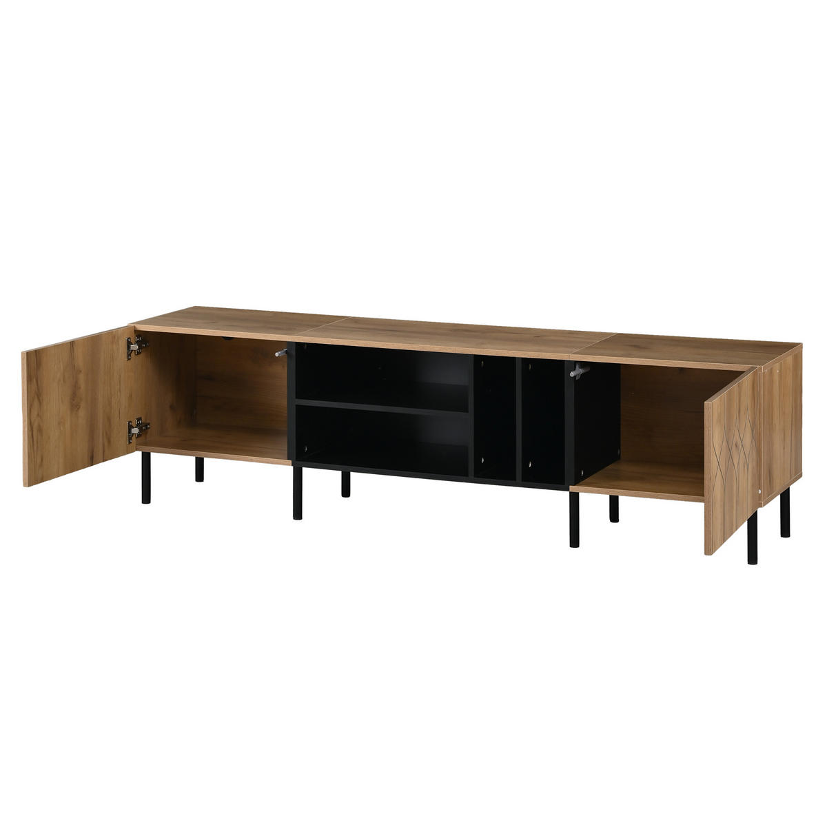 NÍZKÁ SKŘÍŇKA (LOWBOARD) přírodní dřevo a černá, 180 cm, pro TV do 70 palců, 2 dvířka a 4 otevřené přihrádky - přírodní, kompozitní dřevo (180/50/40cm) - Urban Meuble
