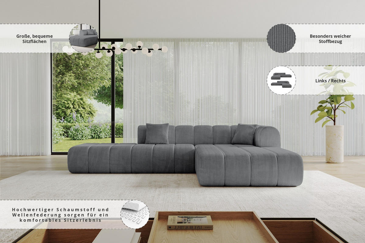 ROHOVÁ SEDAČKA s otomanem, pravá BILA-L 289x176x71 Tmavě šedá Manšestr - černá/tmavě šedá, kompozitní dřevo/textil (289/176cm) - ALTDECOR