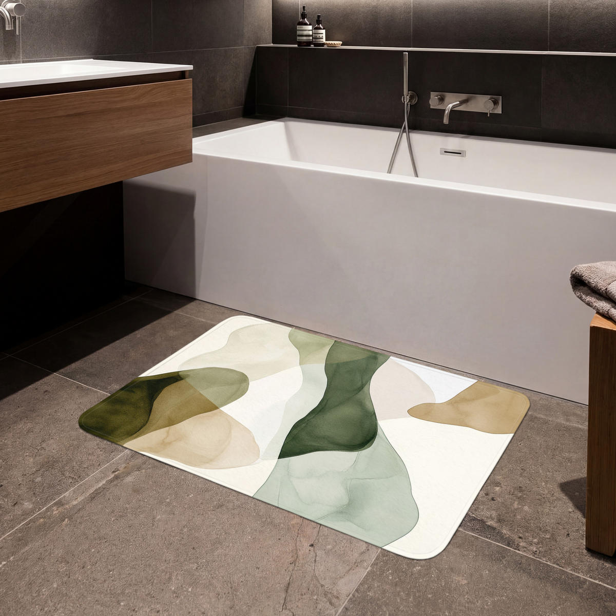 KÚPEĽŇOVÁ PREDLOŽKA Japandi - Abstraktné - Zelené 90x60 cm - zelená, textil/plast (90/60cm) - OnlyWow