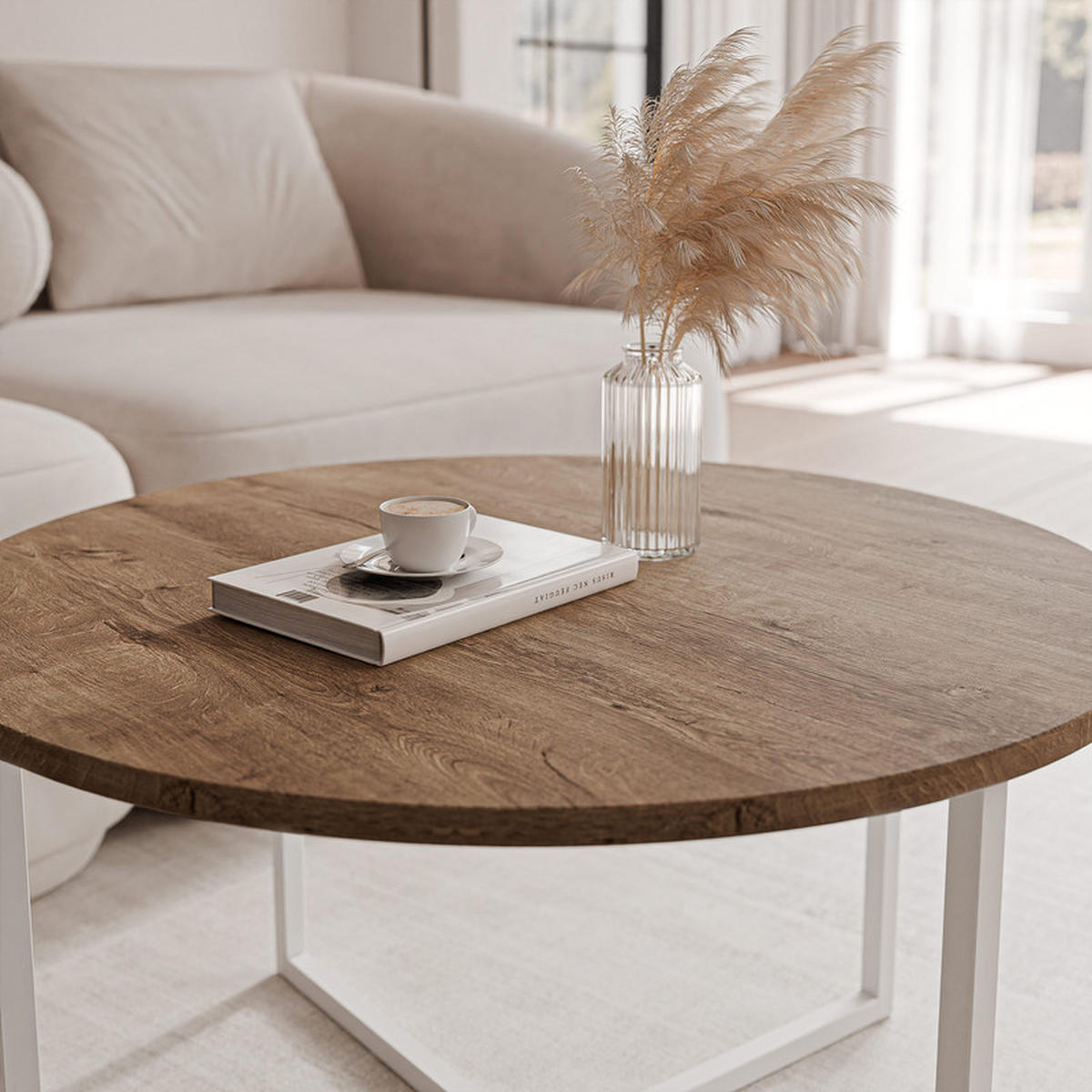 COUCHTISCH BESARO 75/47 cm runden, Weiß / Lefkas-Eiche - Eichefarben/Weiß, Metall (75/75/47cm) - Idohome