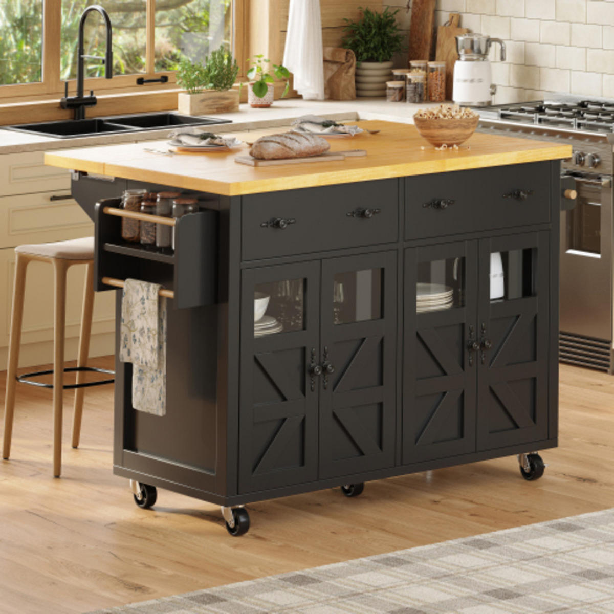 SERVIERWAGEN 140x45-73x93,5 cm aus MDF und Metall mit ausziehbarer Tischplatte, Schubladen, schwarz - Schwarz, Holzwerkstoff (140/93.5/73cm) - Luhomfu
