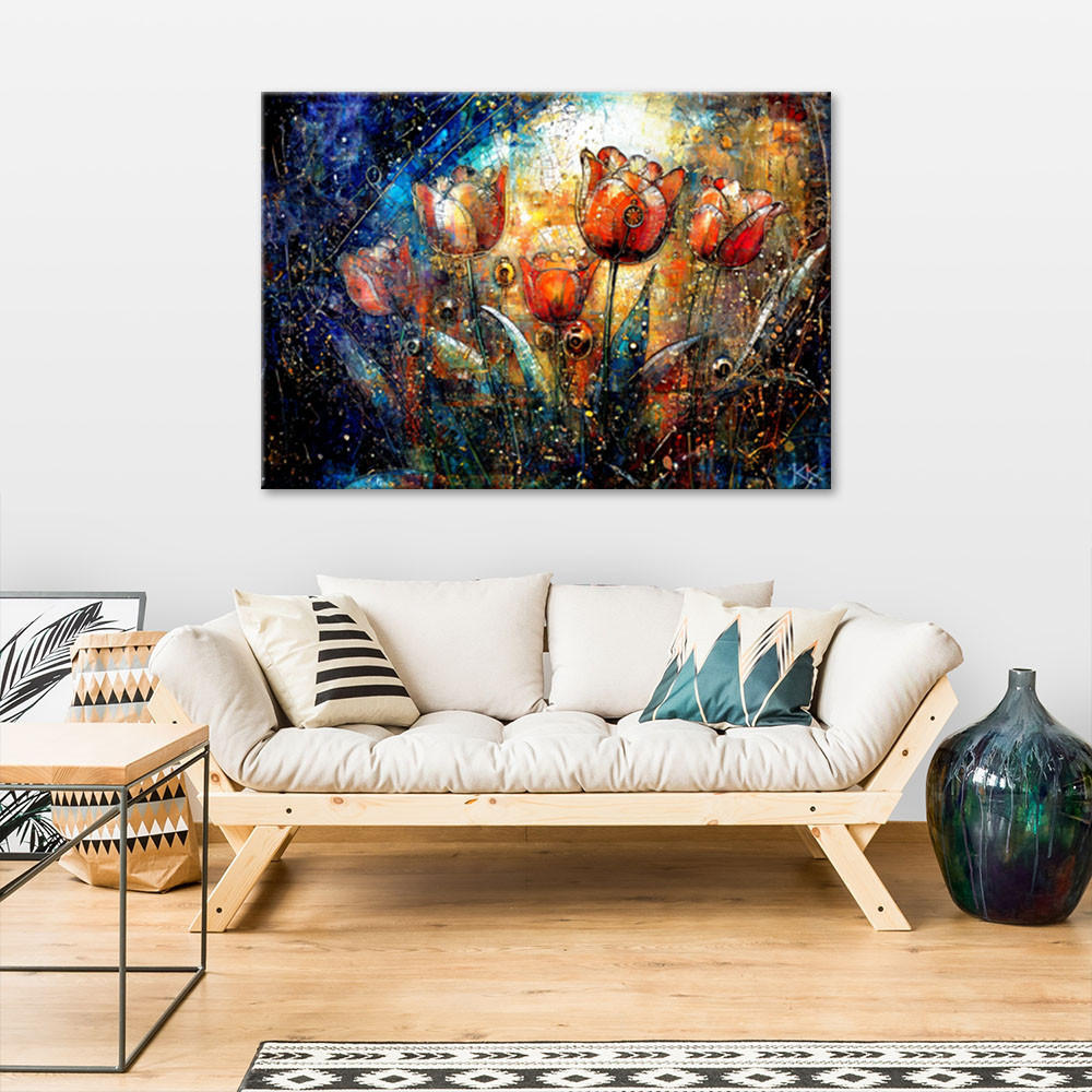 LEINWANDBILD Abstrakte bunte Blumen 100x70cm - Lila, Textil (100/70cm) - Feeby