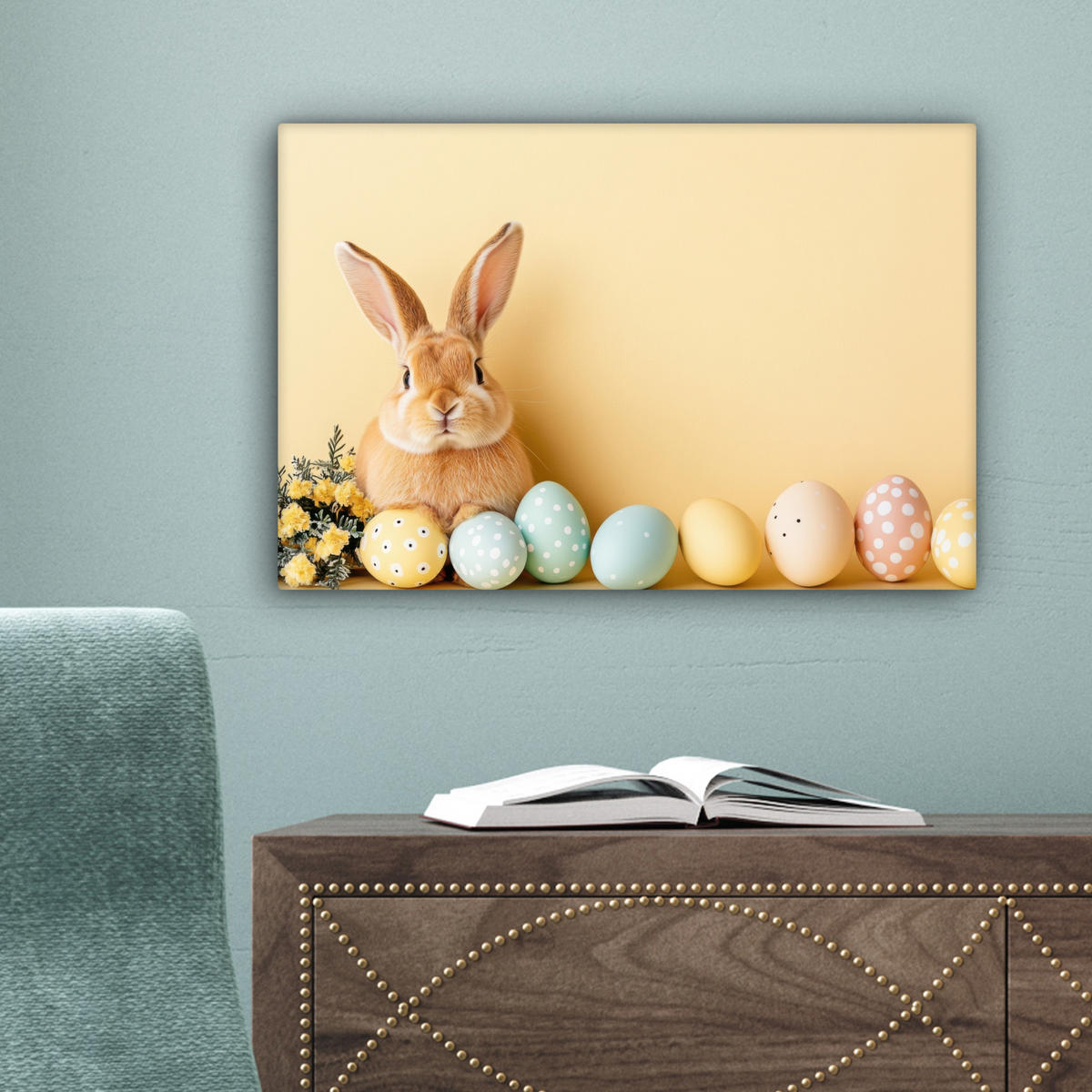 LEINWANDBILD Eier - Kaninchen - Pastellfarbtöne Deko Schlafzimmer 30x20 cm - Hellgelb, Textil (30/20cm) - MuchoWow