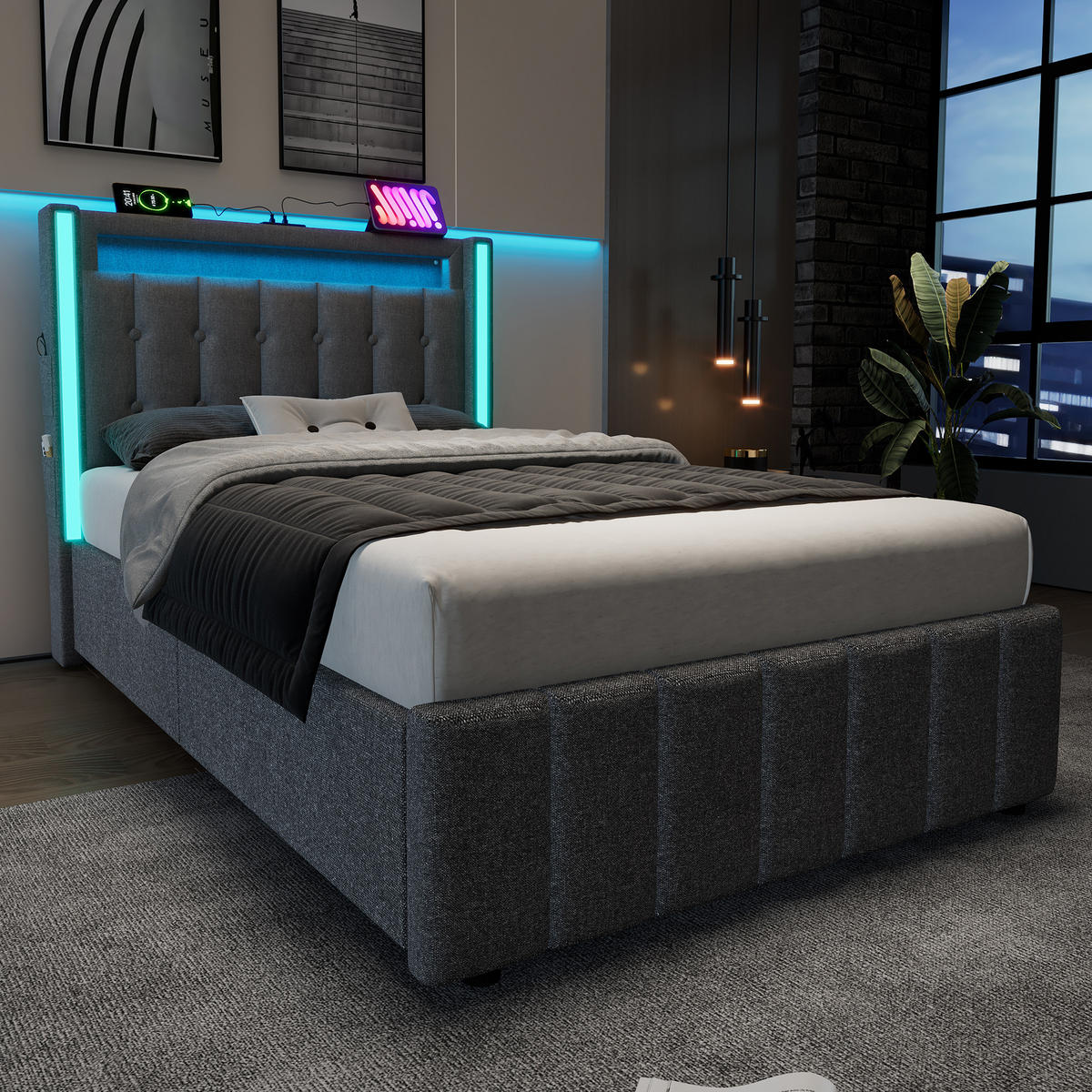 POLSTERBETT 90/200 cm Grau mit LED-Beleuchtung und USB-Anschlüssen - Grau, Textil (90/200cm) - Flora Grace